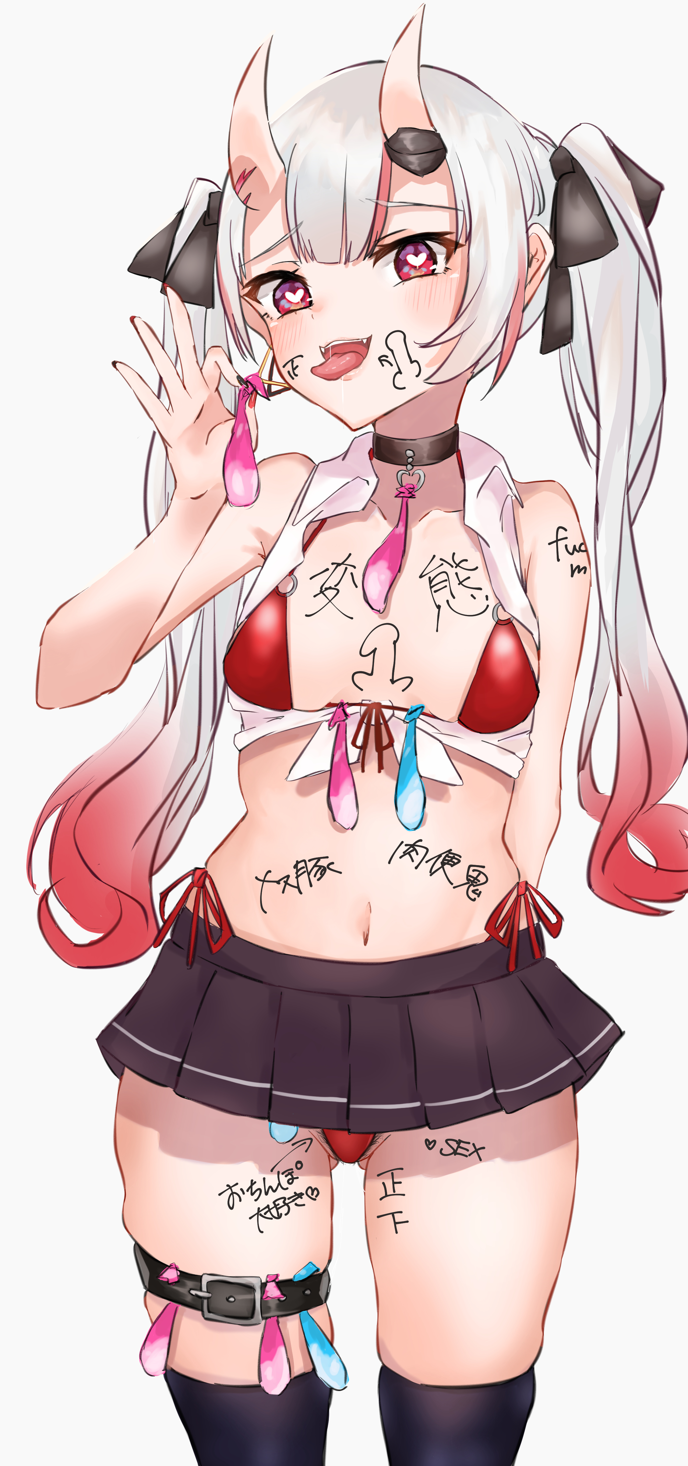 body writing, breasts, condom, cum, female, heart-shaped pupils, hololive, hololive gen 2, hololive japan, horn, looking at viewer, multicolored hair, nakiri ayame, oni, oni horns, red eyes, small breasts, tongue, tongue out, virtual youtuber, white hair, めな