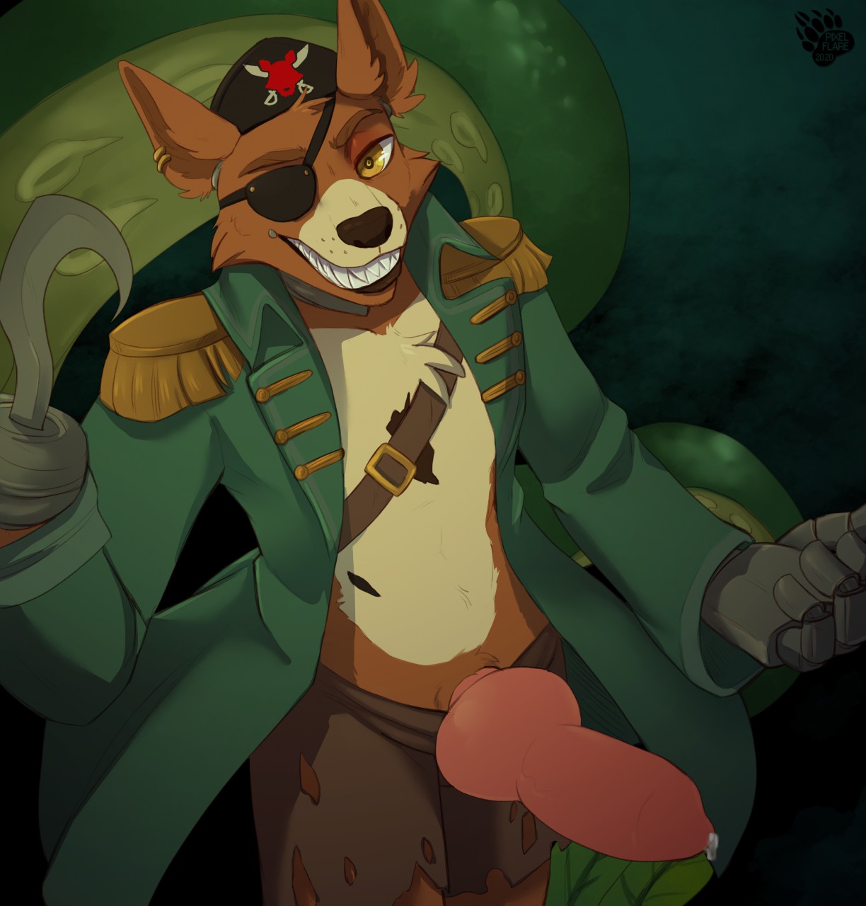 anthro, clothing, eye patch, five nights at freddy's, fox, foxy (fnaf), hook, knot, large penis, machine, male, male only, mammal, penis, penis out, pirate, pixelflare, precum, red fur, sharp teeth, solo, solo focus, yellow eyes