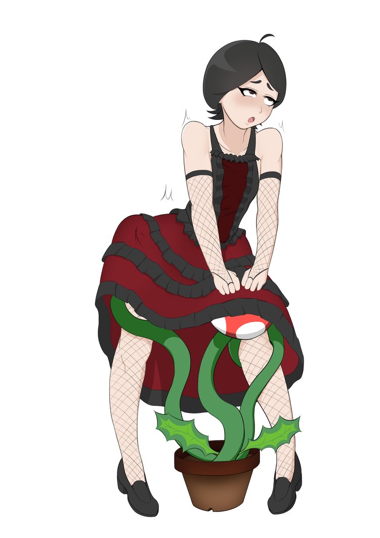 1boy, black hair, clothing, crossdressing, deadslot4, dress, femboy, fishnet gloves, fishnet stockings, male, mario (series), nintendo, oral, original character, panties, panties down, piranha plant, plant, pot, red panties, skylar ross, tentacle, tentacles under clothes, trap, under dress, vines, white background, yaoi