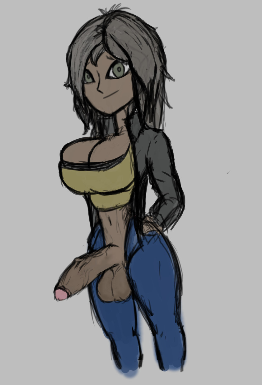 artsy_madraw balls big_breasts big_penis cleavage clothed club_shaped_penis dark-skinned_futanari dark_skin full-package_futanari futanari green_eyes huge_cock huge_penis jeans large_breasts original original_character tamara_mccormick_(oc)