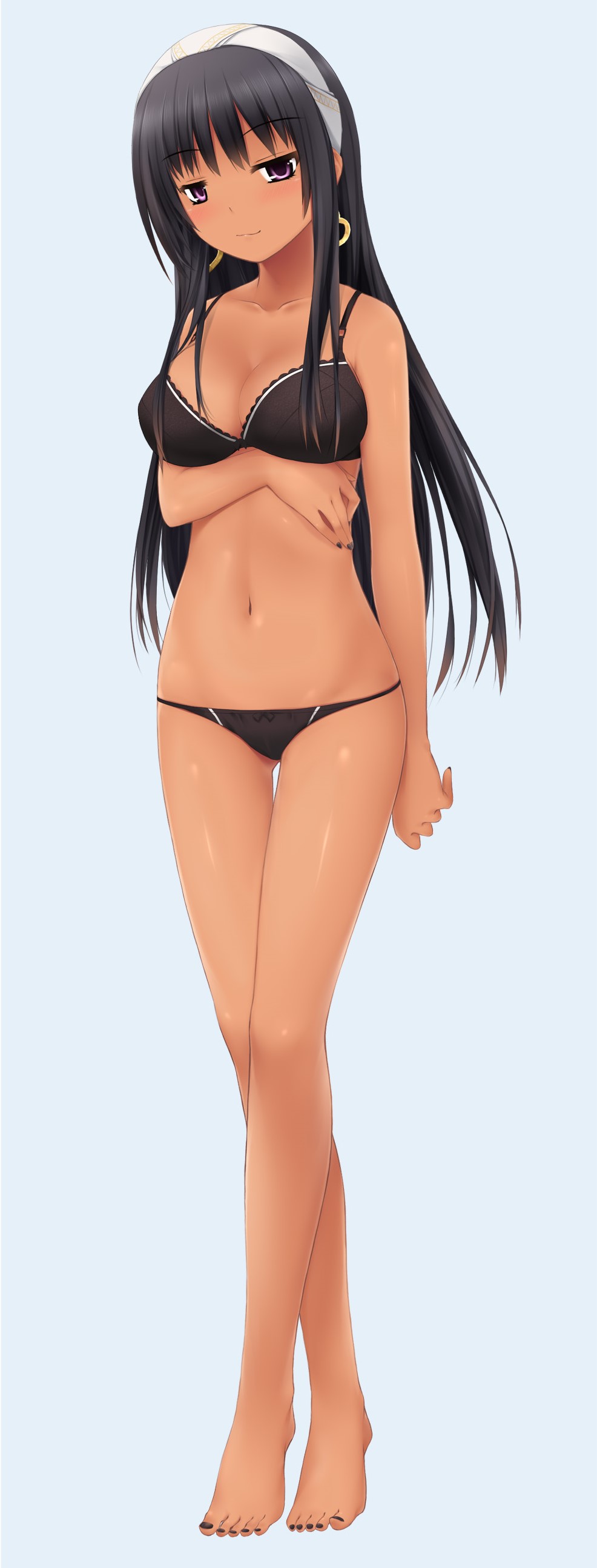 1girls aroused artist_request barefoot big_breasts black_hair black_lingerie bottomwear bra cg_art earrings feet female female_only huniepop kyanna_delrio latina lingerie long_hair painted_nails painted_toenails panties purple_eyes solo tagme_(artist)