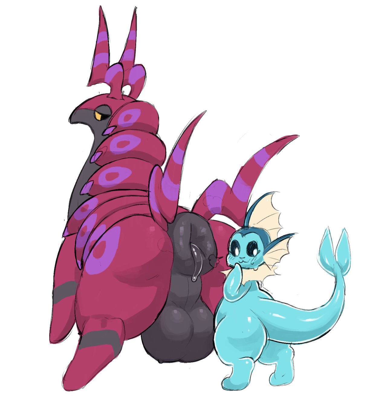 :3, 1boy, ambiguous gender, antennae, anthro, anthrofied, anus, ass, balls, big anus, black sclera, canine, chubbuppy, feral, fins, furry, girly, huge ass, huge balls, huge testicles, insect, larger male, looking at viewer, looking back, male, nintendo, pokémon (species), pokemon, pokemon (species), pokemon bw, pokemon rgby, puffy anus, scolipede, shoripurin, size difference, sketch, sweat, sweatdrop, tail, testicles, vaporeon, video games, yellow eyes, yellow sclera