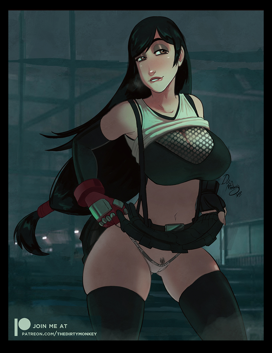 1girls, 2020, biting own lip, black hair, bra, female, female only, final fantasy, final fantasy vii, gloves, low-tied long hair, panties, pubic hair, pubic hair peek, shirt lift, skirt lift, solo, suspenders, thedirtymonkey, thighhighs, tifa lockhart