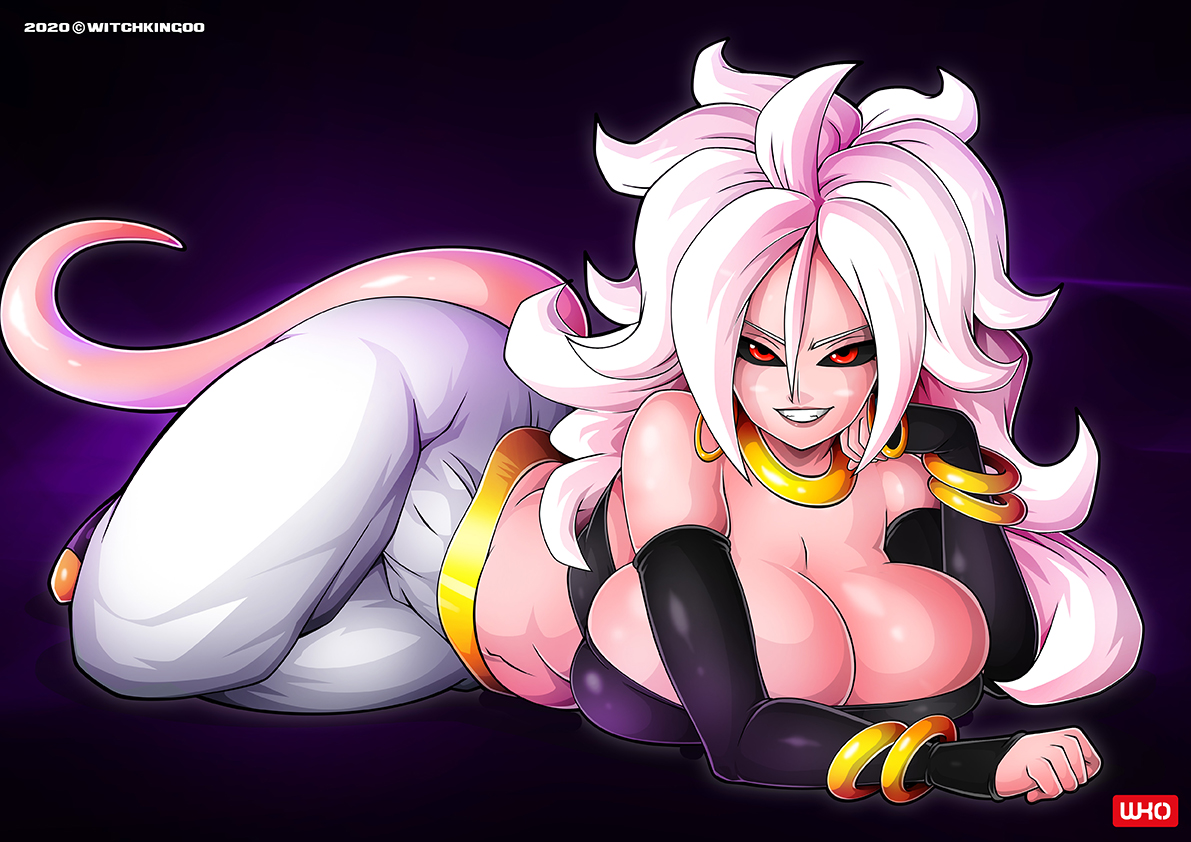 1girls, 2010s, android 21, big breasts, black sclera, breasts, clothed female, dark persona, dragon ball, dragon ball fighterz, female, female only, humanoid, long hair, majin, majin android 21, monster girl, pink skin, pointy ears, red eyes, solo, solo female, solo focus, tail, white hair, witchking00