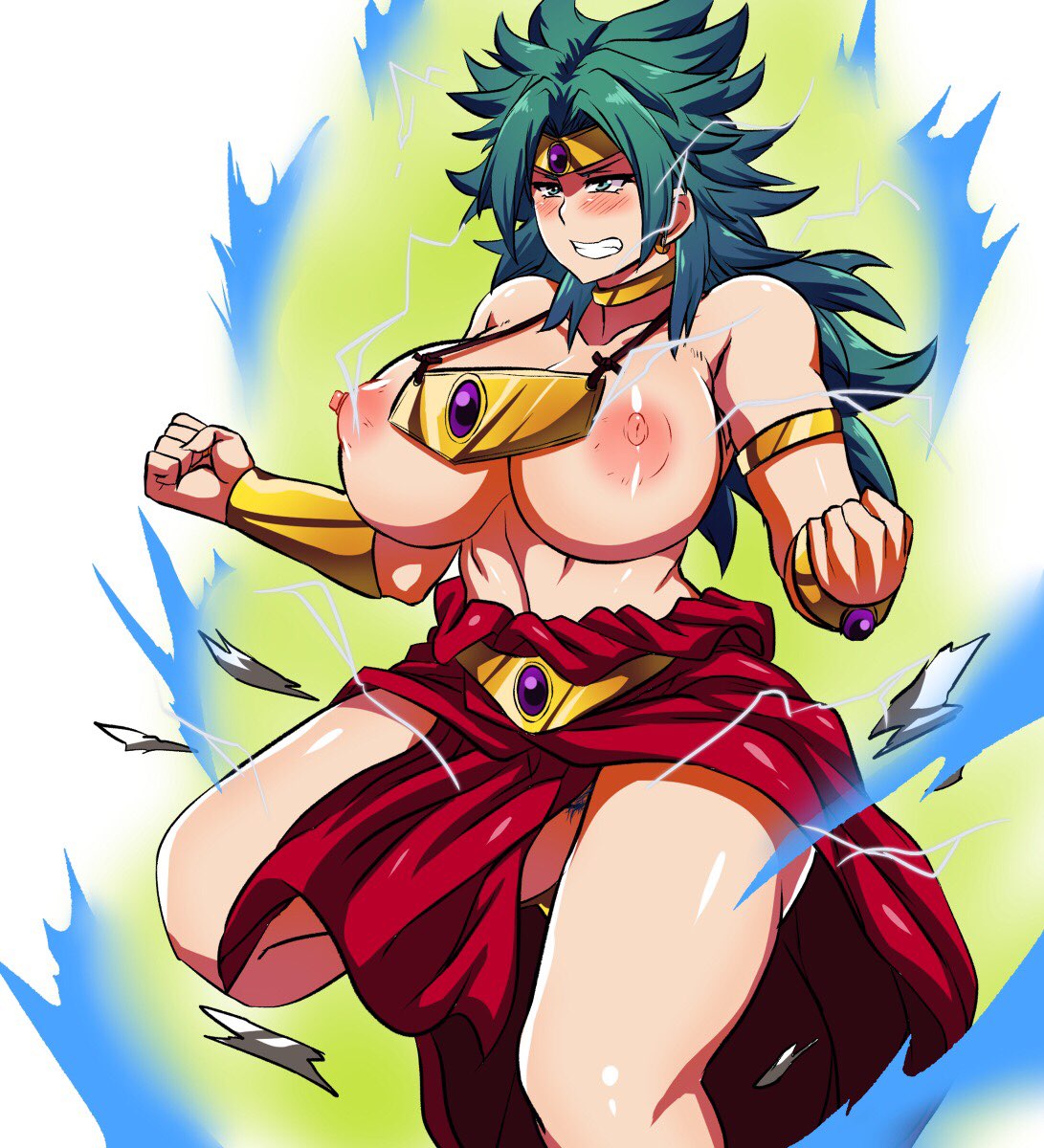1girls, angry, angry face, artist request, aura, big breasts, blush, breasts, broly, broly (dragon ball z) 1993, clothing, crimsonhysteria, curvaceous, dragon ball, dragon ball z, electricity, erect nipples, female, female broly, genderswap, genderswap (mtf), green hair, huge breasts, large areolae, legendary super saiyan, light skin, light-skinned female, long hair, muscular, muscular female, nipples, nopan, pubic hair, puffy areola, rule 63, saiyan, solo, standing, standing on one leg, super saiyan, thick thighs, wide hips