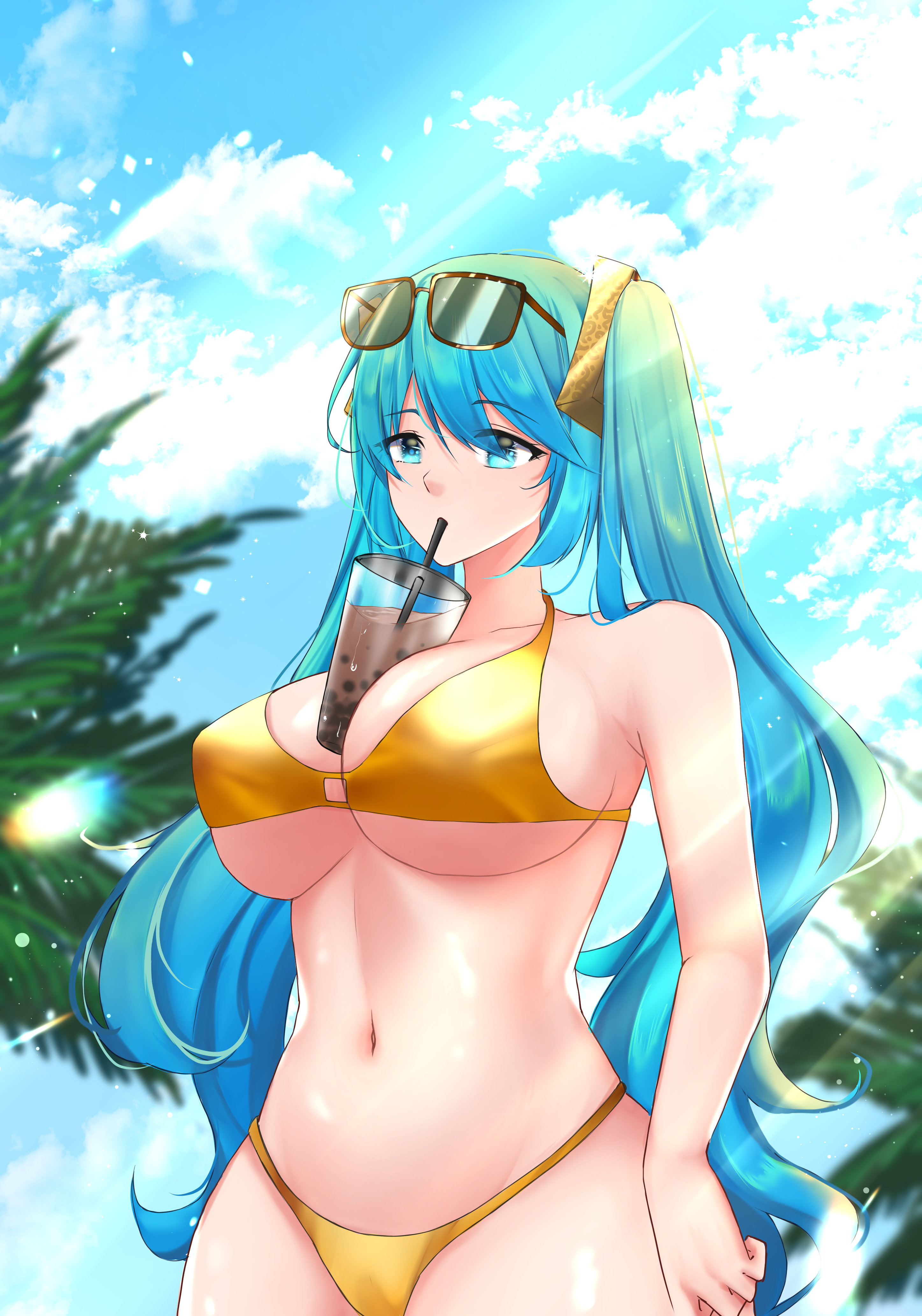 1girls, beach, bikini, blue hair, bubble tea challenge, day an, female, gold bikini, league of legends, sona buvelle, sunglasses, sunglasses on head