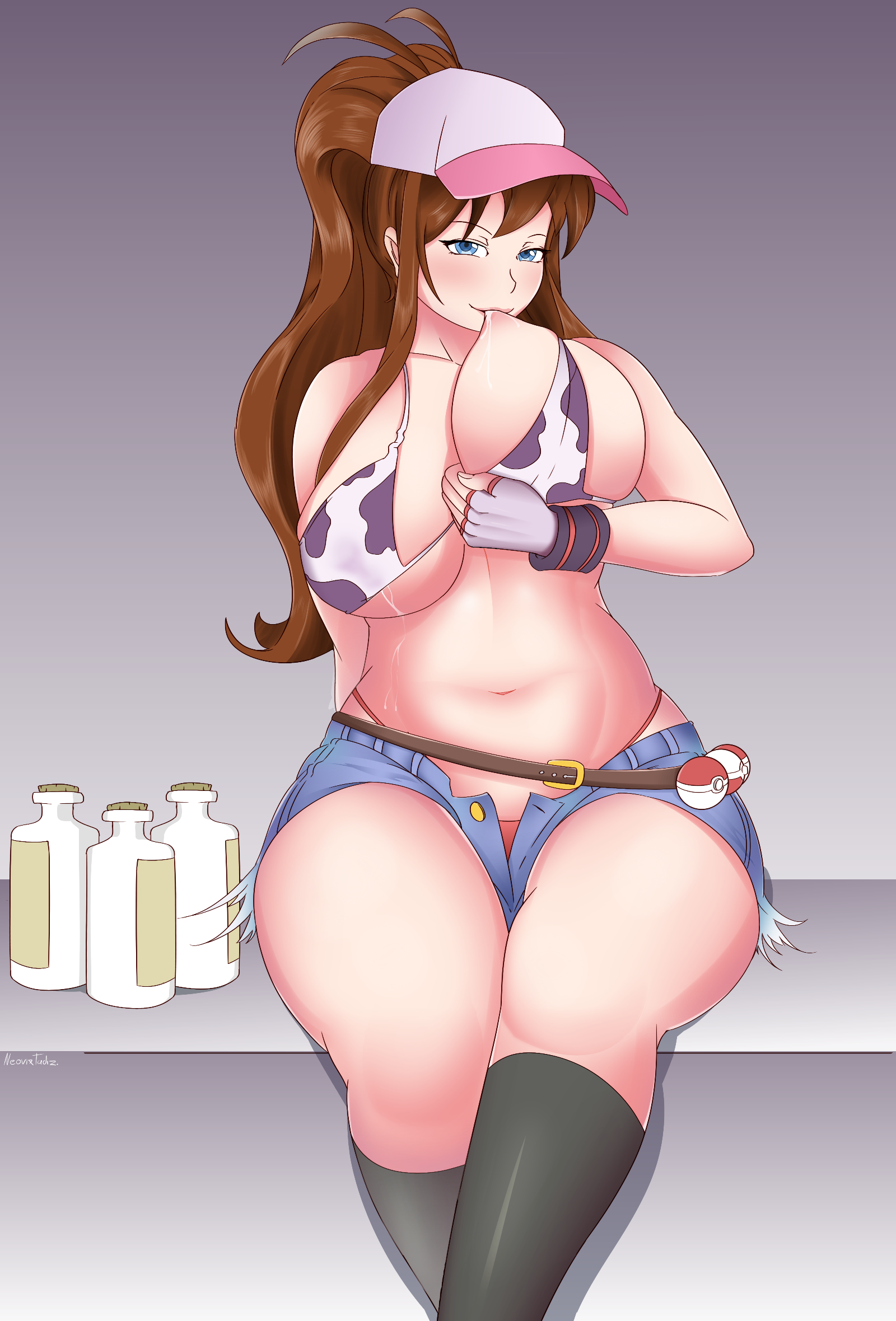 1girls, 2020, alternate breast size, alternate outfit, anime, baseball cap, belly, belt, big breasts, bikini top, black thighhighs, blue eyes, blue shorts, bottle, bra, breast feeding, breast grab, breast sucking, breasts, brown hair, cap, cleavage, cow print, curvy, denim, denim shorts, eye contact, female, female only, fingerless gloves, game freak, gloves, grey background, half-closed eyes, hat, high ponytail, hilda (pokemon), hotpants, huge breasts, human, jean shorts, lactation, lactation through clothes, large breasts, long breasts, long hair, looking at viewer, manga, midriff, milk, moderate tomboy, navel, neovixtadiz, nintendo, nipple sucking, oral, panties, panties visible, poke ball, pokeball, pokemon, pokemon bw, ponytail, pose, sagging breasts, self breast sucking, shorts, sitting, smile, solo, teenager, text, thick thighs, thighhighs, tomboy, underboob, video game franchise, watermark, wide hips