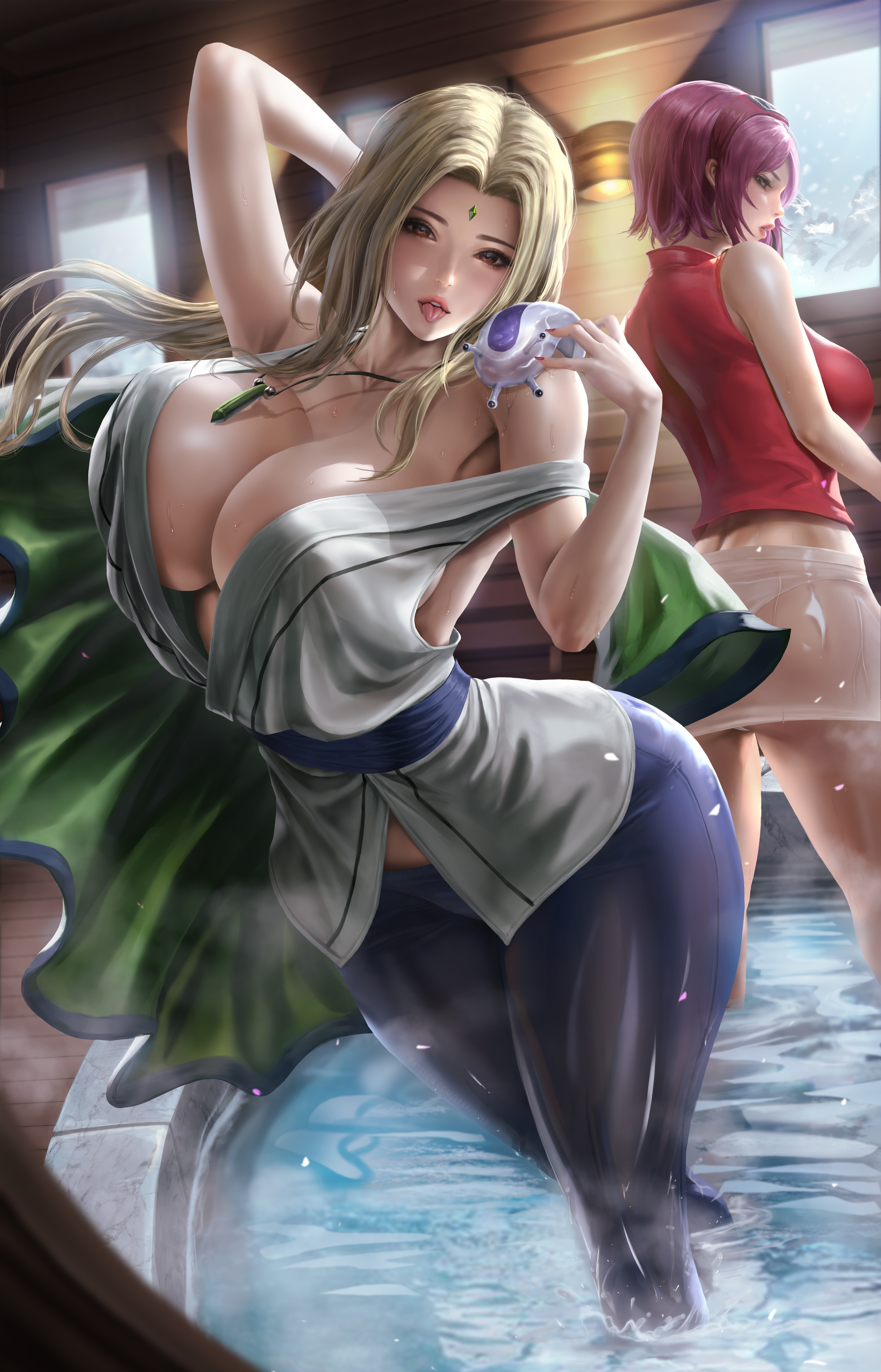 2girls, absurd res, blonde hair, breasts, cleavage, clothed, female, female only, highres, huge breasts, large breasts, lexaiduer, multiple females, multiple girls, nail polish, naruto, naruto (series), naruto shippuden, panties, pink hair, sakura haruno, tsunade, wet, wet clothes