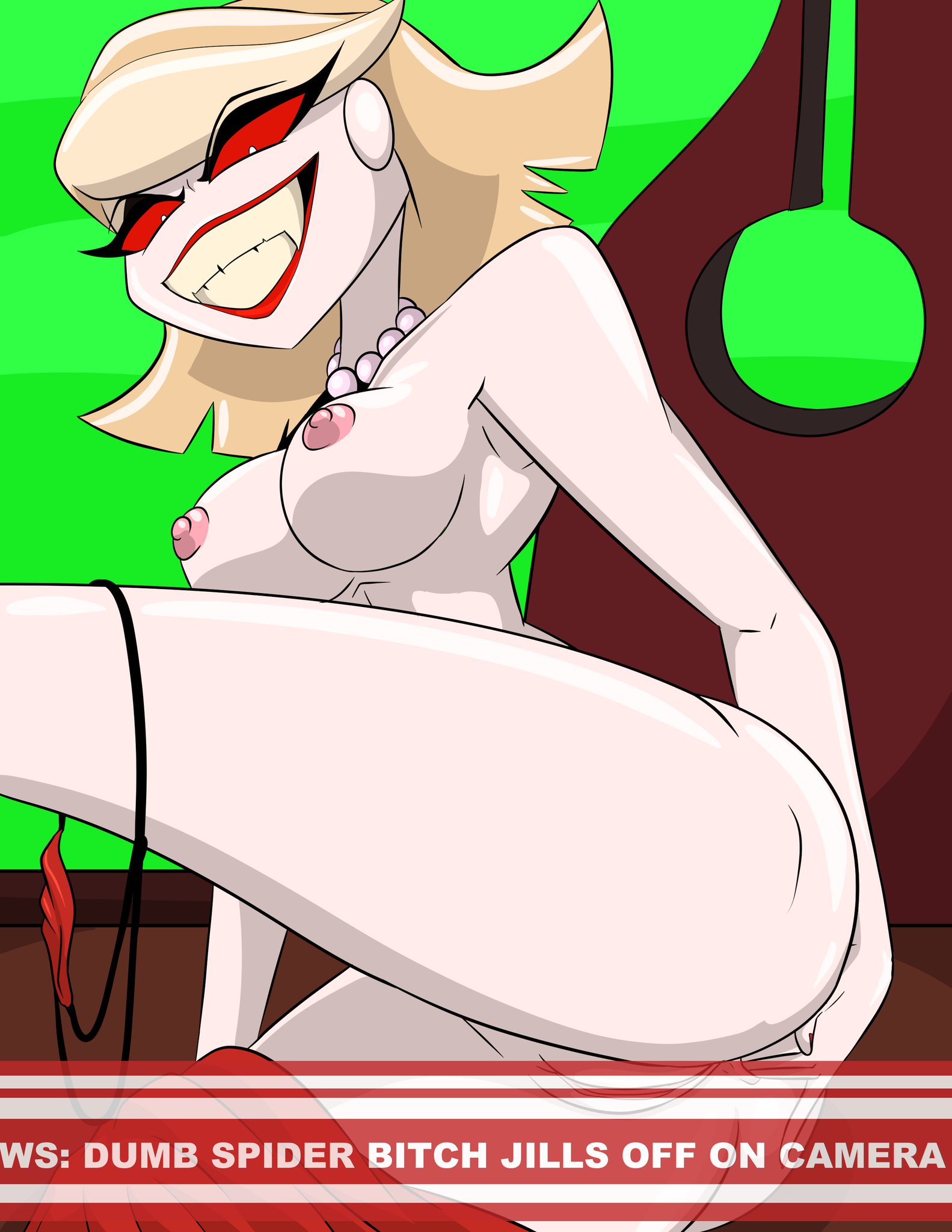 1girls, 2020, blonde hair, breasts, chair, cyberqueenindustries, demon, earrings, female, female only, filming, green background, hazbin hotel, huge breasts, katie killjoy, masturbation, necklace, nipples, panties, panties around leg, pussy, red eyes, red lipstick, short hair, smile, solo, spindlehorse toons, straight hair, text, vivienne medrano, vivziepop, white skin