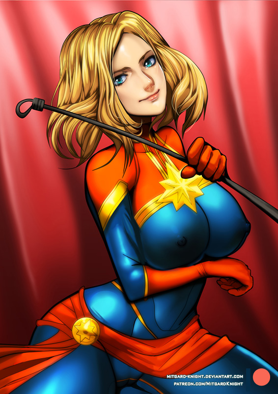 avengers big_breasts blonde_hair blue_eyes bodysuit captain_marvel carol_danvers cleavage costume female female_only hourglass_figure long_hair marvel mature_female mitgard-knight nipple_bulge nipples nipples_visible_through_clothing riding_crop smile solo solo_female solo_focus superheroine