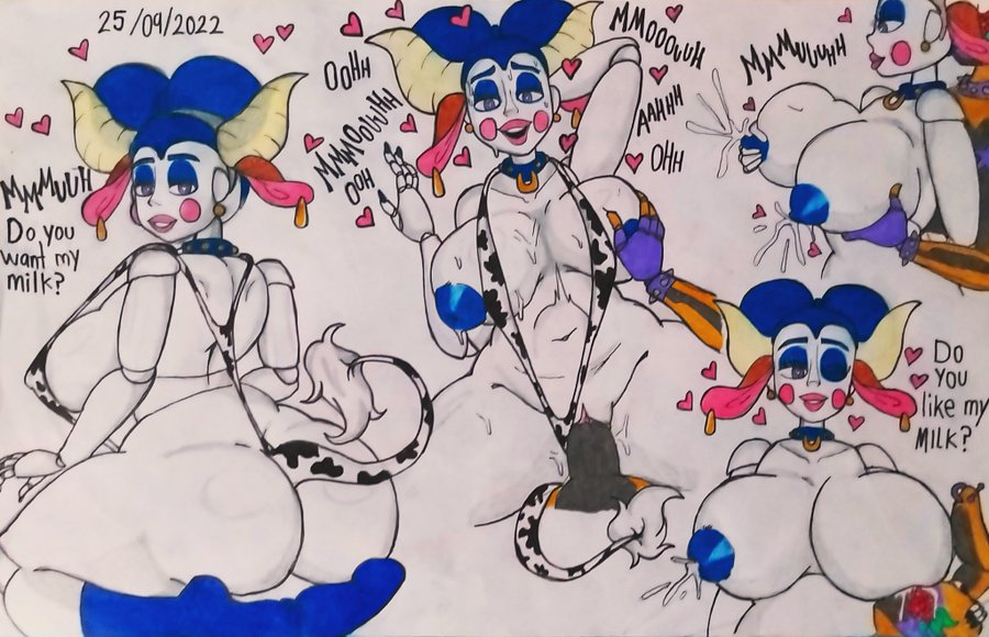 1girls animatronic ballora ballora_(fnafsl) big_ass big_breasts bikini breast_milk breasts cow_bikini cow_girl drawn five_nights_at_freddy's five_nights_at_freddy's:_sister_location fnaf lactating lactation milk milk_squirt moaning moaning_in_pleasure mrchinoart robot robot_girl sex sister_location straight text unseen_male_face