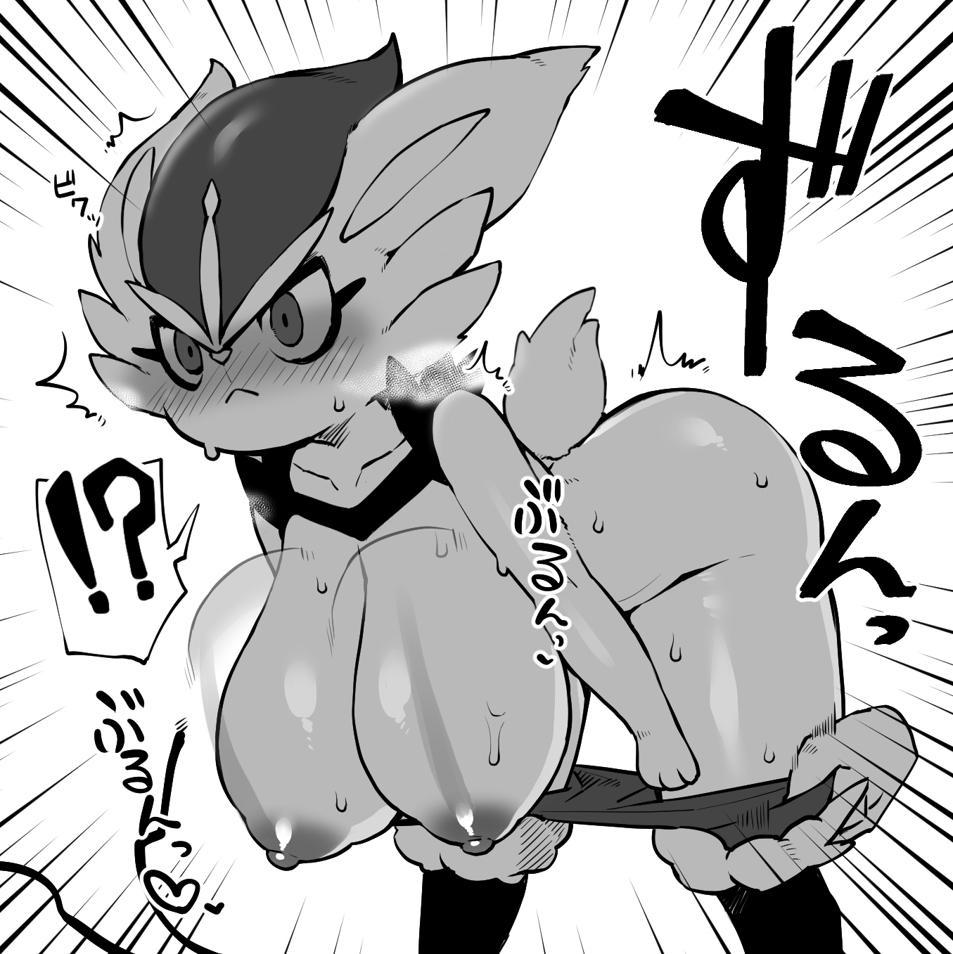 !, ?, 1girls, ambiguous gender, anthro, anthrofied, bent over, black and white, blush, breasts, buckteeth, cinderace, disembodied hands, eyelashes, female, fur, furry, furry tail, half-closed eyes, hanging breasts, heart, heavy breathing, huge breasts, humanoid, japanese text, katuu, large ears, naked, nintendo, paws, pokémon (species), pokemon, pokemon (species), pokemon ss, rabbit, shorts down, surprised, text, thick thighs, thigh gap, trembling, wide hips