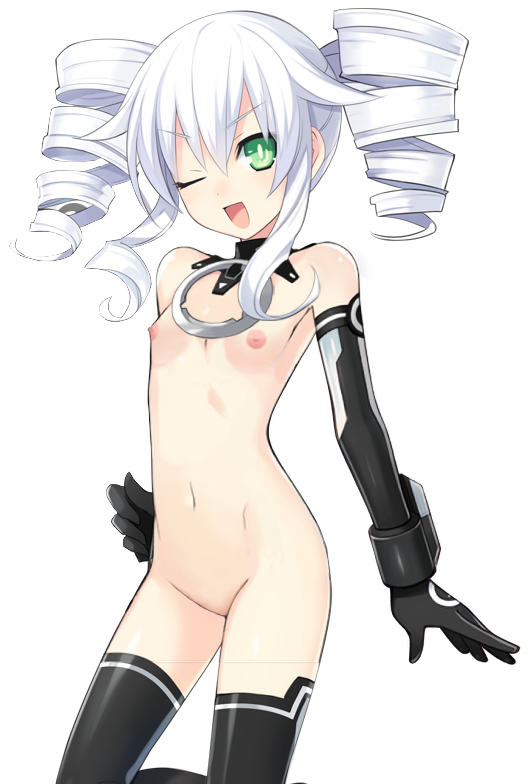 black_sister female_only green_eyes neptunia_(series) nipples open_smile twintails uni_(neptunia) winking_at_viewer