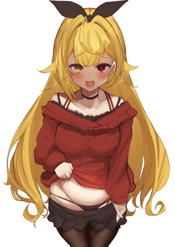 blonde hair, blush, breasts, choker, exposed shoulders, female, hair ribbon, heterochromia, hoshikawa sara, lifting clothing, looking at viewer, medium breasts, nijisanji, nuezou, open mouth, panties, pantyhose, pulling down pants, shoulders, skirt, sweater, virtual youtuber