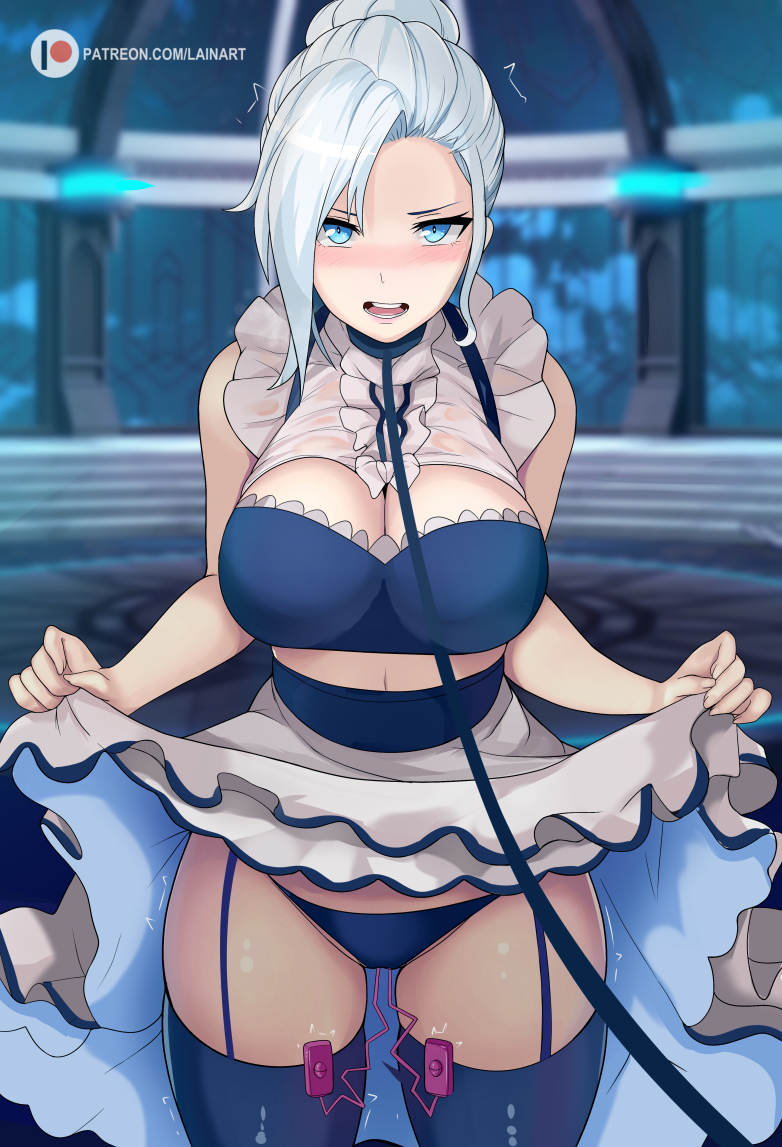 1girls, big breasts, breasts, cleavage, clothed, embarrassed, female, female only, femsub, lainart, large breasts, leash, looking at viewer, maid, maid headdress, ponytail, pov, rwby, sex toy, skirt lift, solo, standing, thighhighs, vibrator, winter schnee
