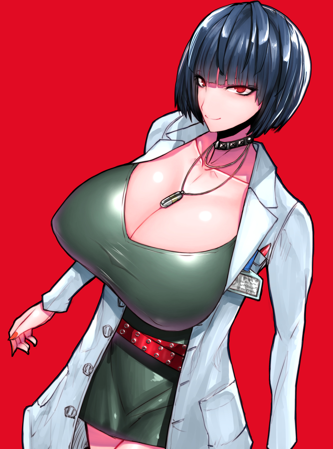 atlus, big breasts, blue hair, breasts, brown eyes, cleavage, cum on face, female, female only, goth, nipples, nipples visible through clothing, persona, persona 5, short hair, solo, solo focus, tae takemi, wolffeld price