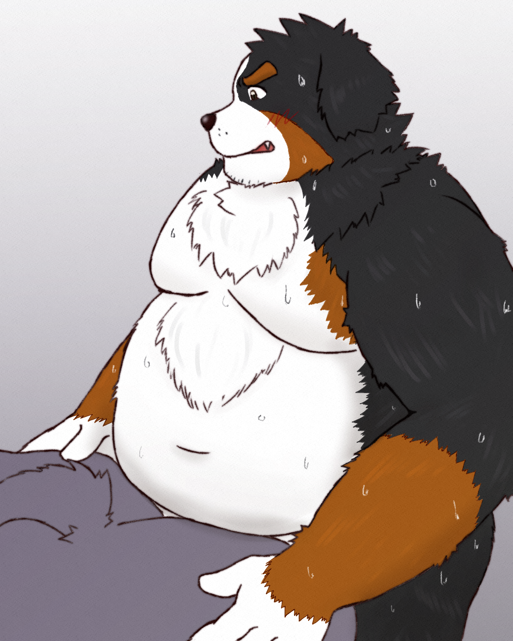 2020 4:5 anthro ass belly black_body black_fur black_nose blush bodily_fluids brown_body brown_fur canid canine canis cute_fangs domestic_dog duo fur hi_res humanoid_hands kemono male male_only mammal moobs navel overweight overweight_male sex simple_background sweat white_body white_fur yaki_atsuage