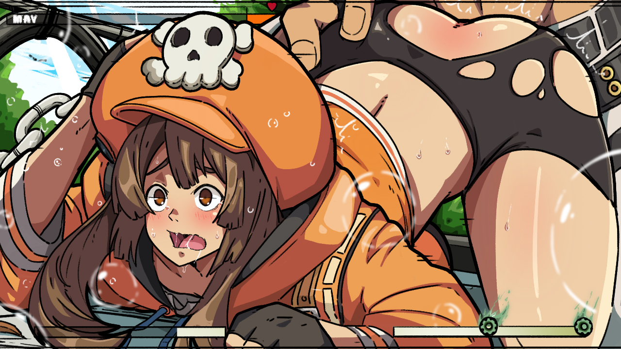 1boy, 1girls, ambiguous penetration, blush, brown eyes, brown hair, curvy, doggy style, female, from behind position, guilty gear, guilty gear strive, hair, hat, long hair, male, mark gavatino, may (guilty gear), open mouth, orange clothing, penetration, ripped clothing, sex, sol badguy, thick thighs