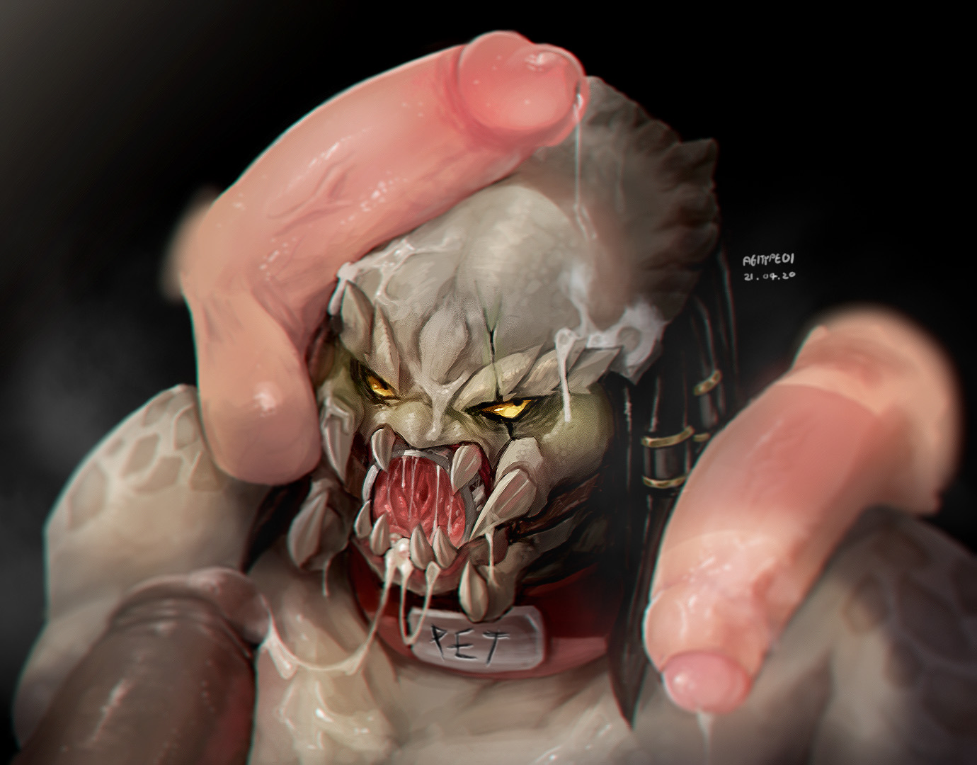 2020, 4boys, after fellatio, after sex, agitype01, alien, angry, artist name, balls, boy rape, character name, circumcised, collar, color, copyright name, cum, cum in mouth, cum on face, cum on head, cum on penis, cum string, dark skin, dark-skinned male, digital media (artwork), disembodied penis, domination, erection, fangs, forced, forced yaoi, foreskin, gangbang, gay, gay domination, human, interracial, interspecies, light skin, light-skinned male, male, male only, male/male, malesub, multiple boys, multiple males, open eyes, open mouth, pale skin, pale-skinned male, penis, penis on head, penis on shoulder, predator (franchise), pussy, pussy mouth, rape, saliva, slave, solo focus, teeth, testicles, uncensored, uncircumcised, uncut, url, vein, veiny penis, yaoi, yautja, yellow eyes