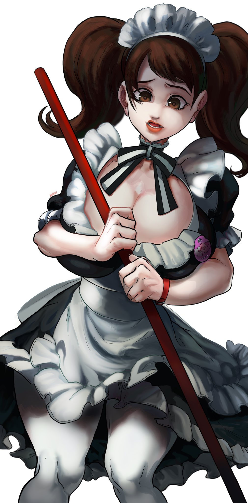 2020, atlus, becky (persona), breasts, brown eyes, brown hair, cleavage, female, female focus, female only, long hair, maid, maid outfit, noblood, persona, persona 5, sadayo kawakami, thighs, twintails, white background