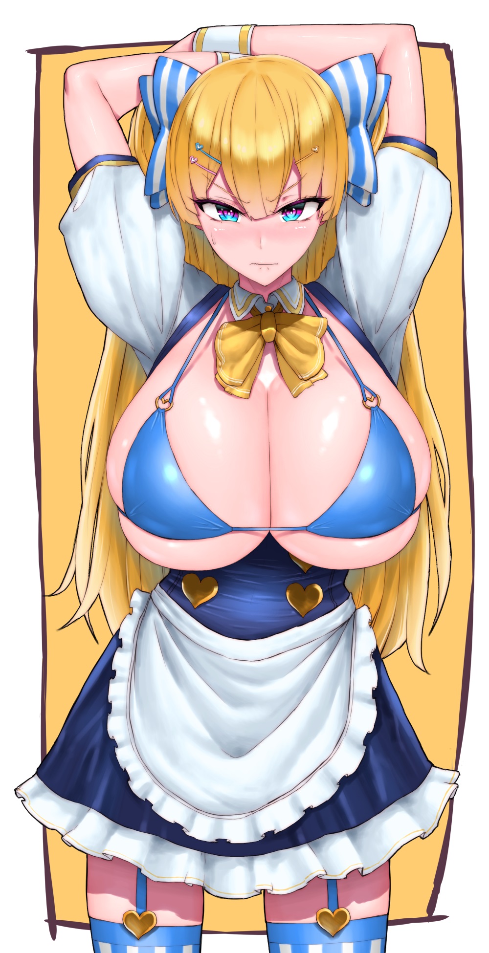 1girls bikini_top blonde_hair blue_eyes blush busty cleavage embarrassed garter_belt huge_breasts light-skinned_female light_skin lina_bell_roll_(michihasu) solo solo_female stockings thighhighs waitress waitress_uniform wolffeld_price