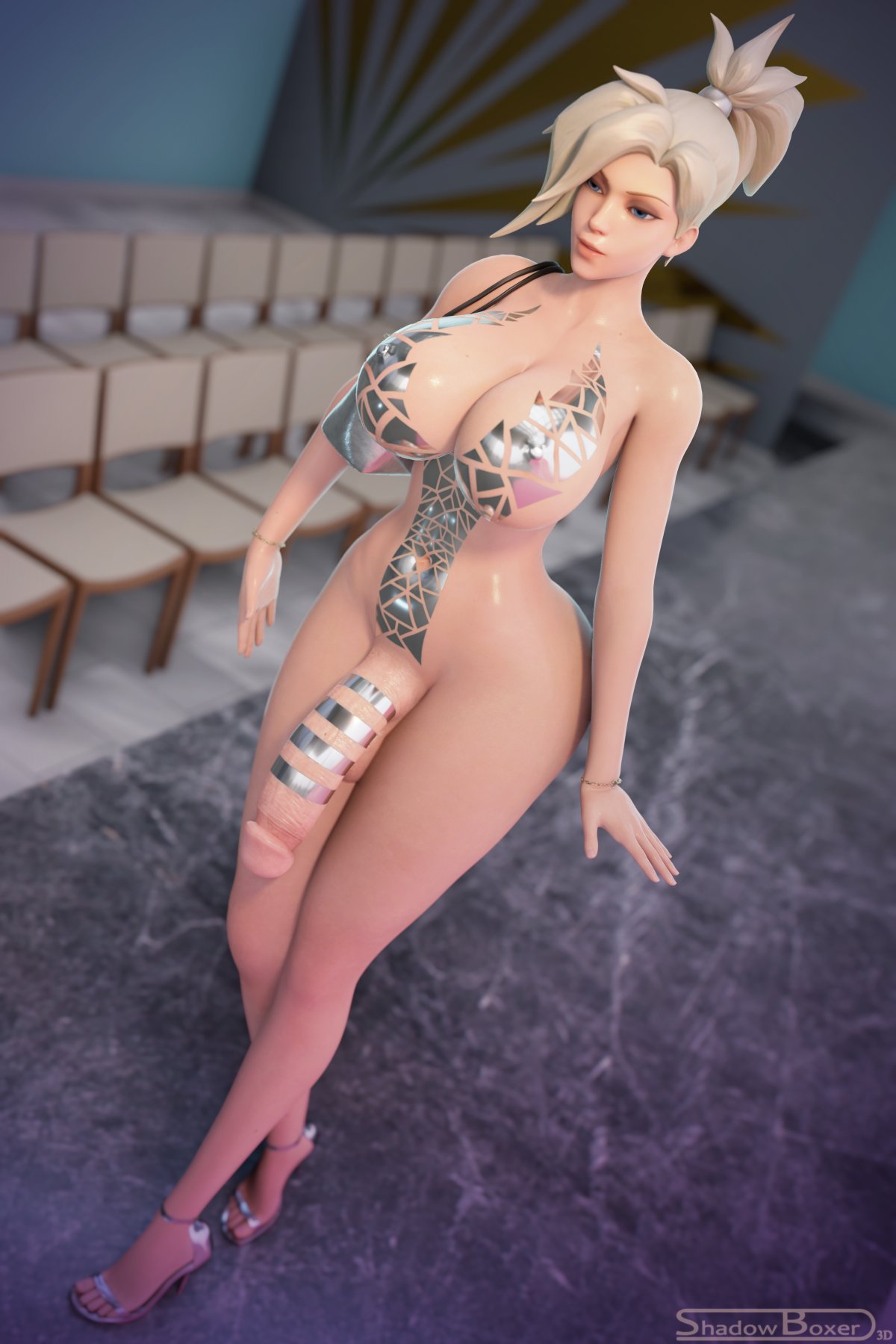 1futa, 3d, big breasts, big penis, black tape project, blender, breasts, casual, erection, footwear, futa focus, futa only, futanari, genitalwear, high heels, human, intersex, large breasts, mercy, overwatch, pale skin, penis, shadowboxer, solo