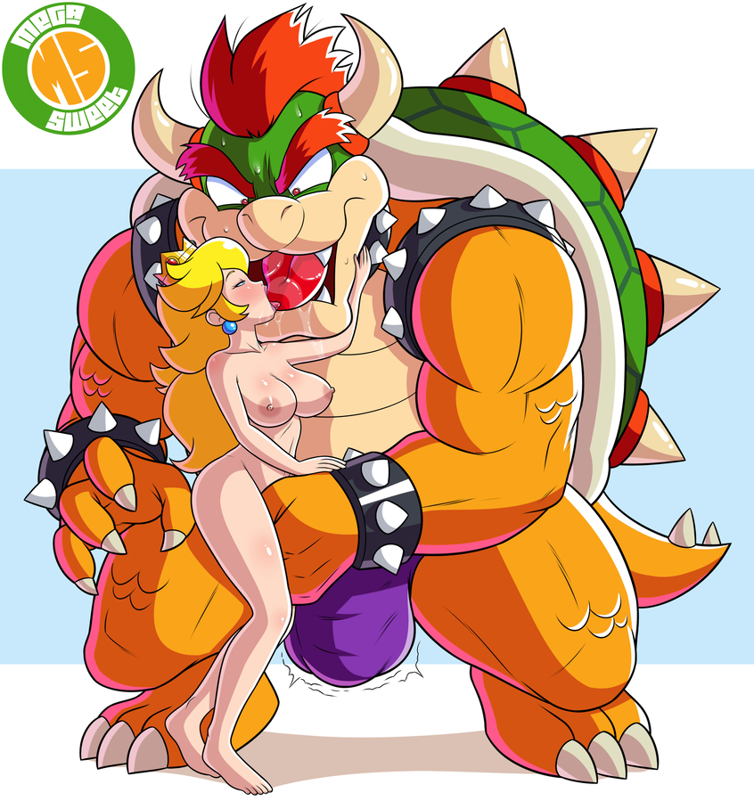 1boy 1girls blonde_hair bowser breasts bulge crown female full_body furry human imminent_sex interspecies kissing koopa male mario_(series) megasweet nintendo nipples nude princess_peach saliva scalie simple_background size_difference standing