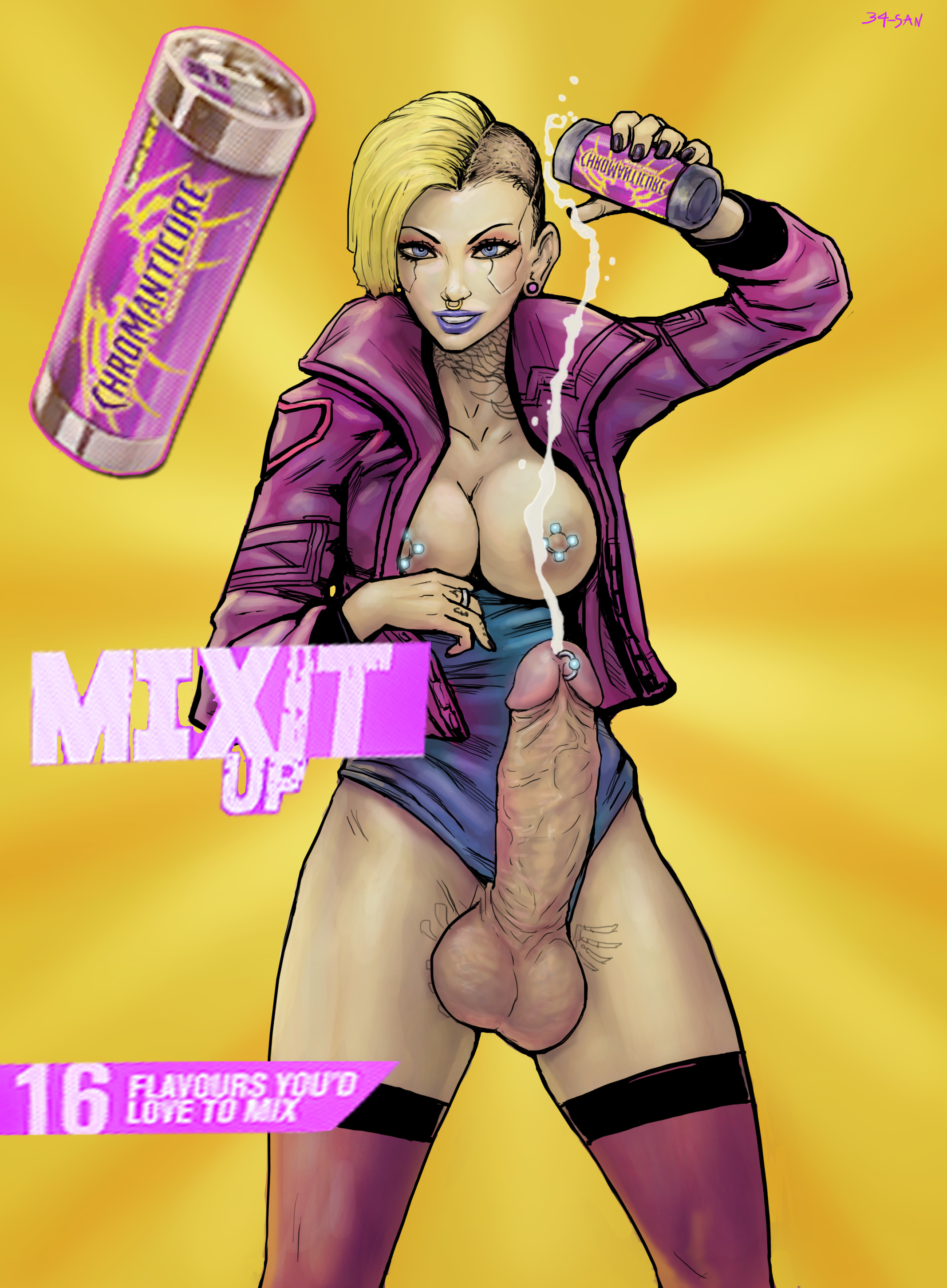 1futa, 34-san, advertisement, balls, blue eyes, blue lipstick, breasts, canon, cd projekt red, chromanticore model, curvy, cyberpunk, cyberpunk (series), cyberpunk 2077, drink, earrings, english, english text, erection, eyeshadow, futa only, futanari, genital piercing, huge cock, intersex, jacket, jewelry, large balls, large breasts, large penis, leotard, leotard aside, lipstick, looking at viewer, makeup, nail polish, neck tattoo, nipples, no bra, nose ring, penis, penis out, poster, shaved head, solo, solo futa, source request, tattoo, testicles, thighhighs, thighs, trans woman, transfem, year request