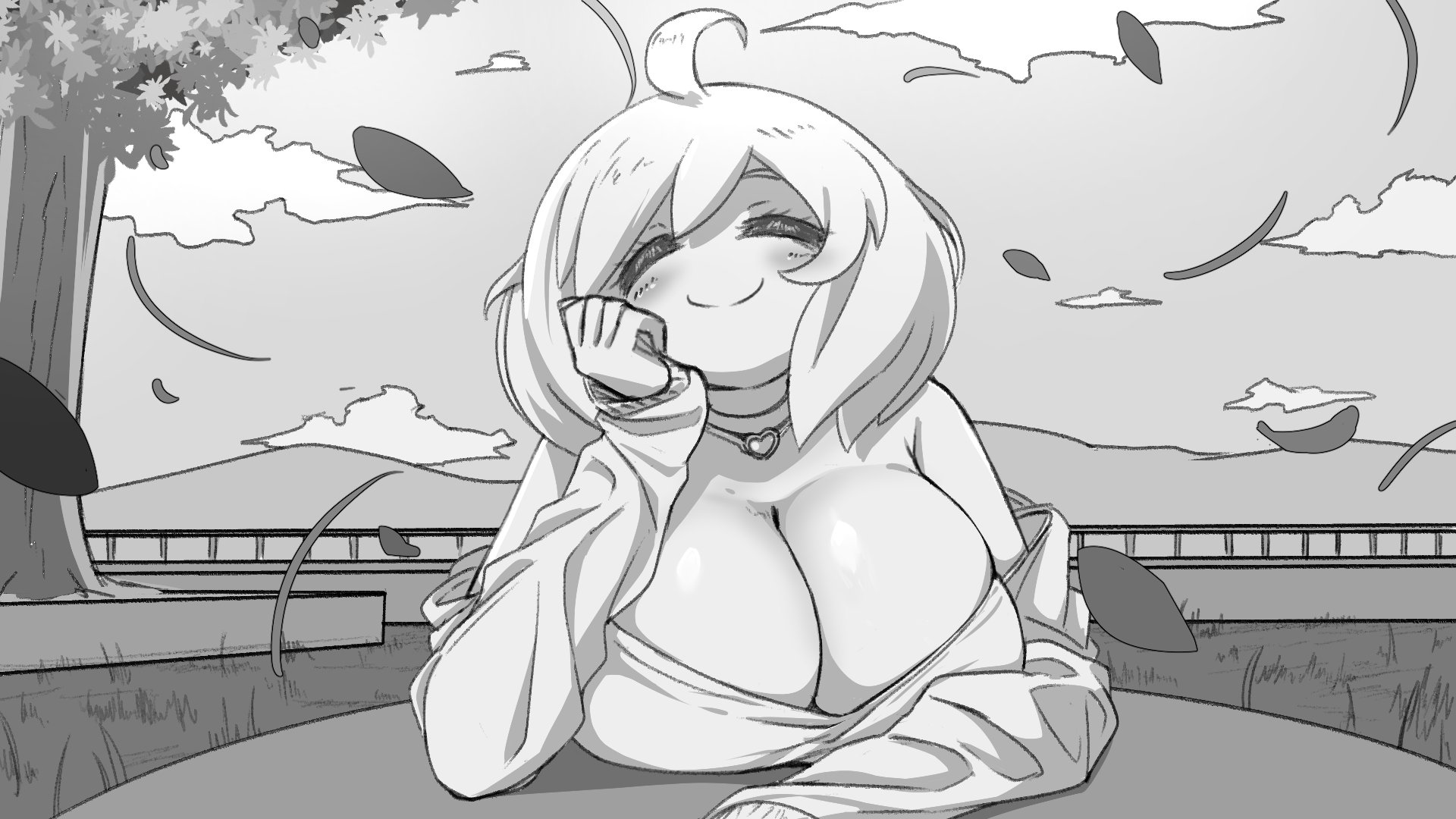 1girls, breasts, cleavage, closed eyes, female, female only, hand on cheek, happy, huge breasts, insomnia-chan (kaynimatic), kaynimatic, leaves, outside, sky, smiling, solo, solo female, trees, wholesome
