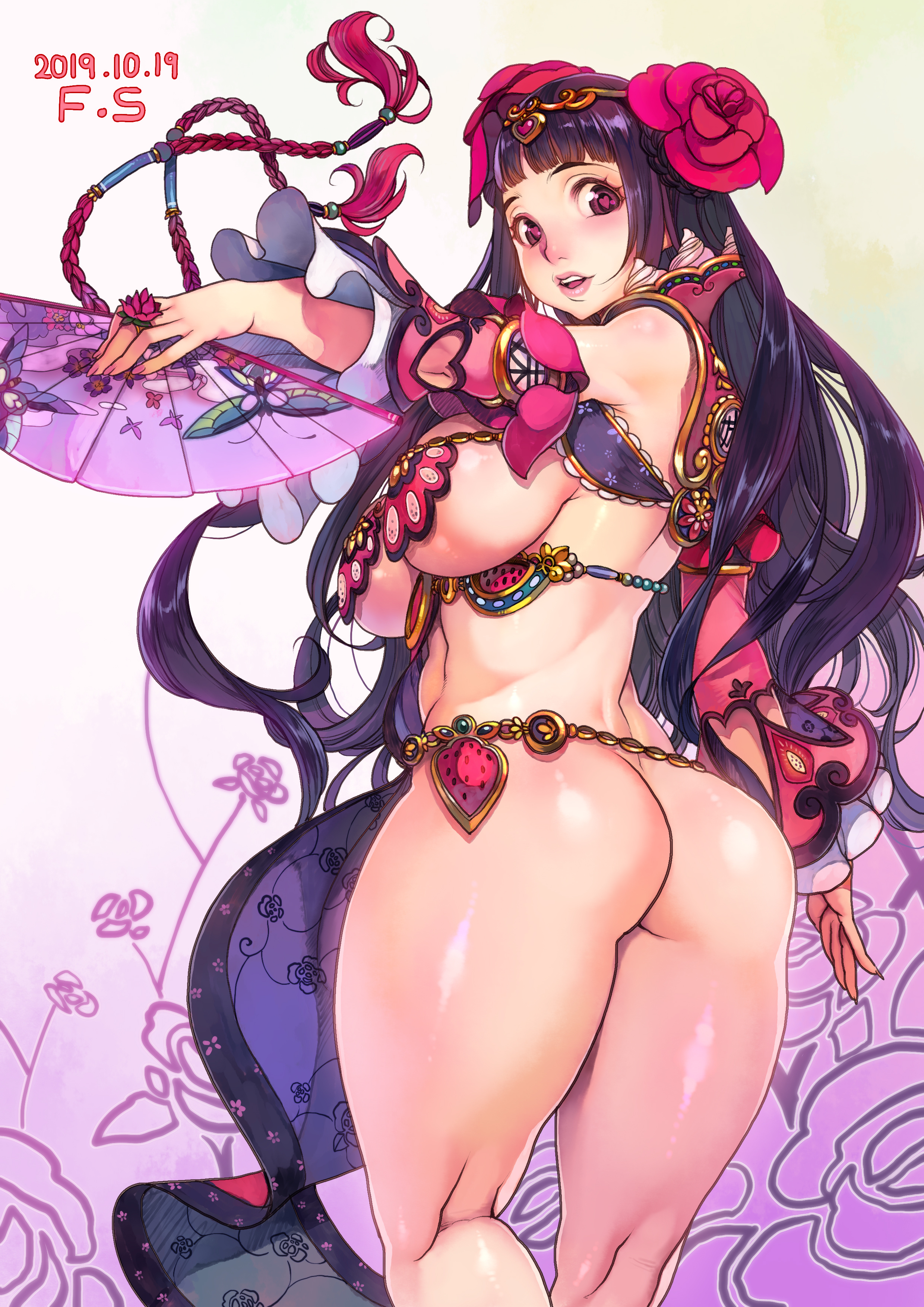 1girls, ass, breasts, character request, cleavage, f.s., female, female only, hair flower, hair ornament, large breasts, long hair, solo, standing, tagme, underboob
