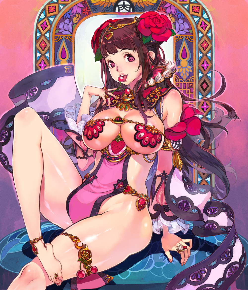 1girls character_request cleavage f.s. female female_only hair_flower hair_ornament large_breasts long_hair sitting solo tagme underboob