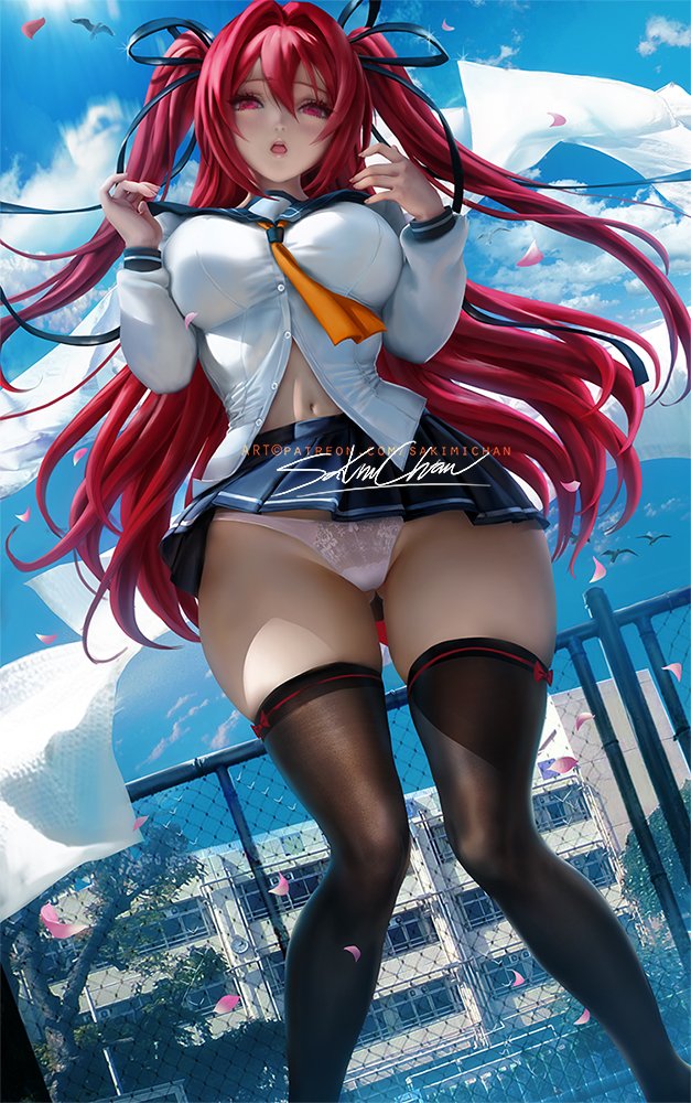 breasts, demon, demon girl, female, female only, naruse mio, panties, pink hair, red eyes, red hair, sakimichan, school uniform, shinmai maou no testament, solo, solo female, thick thighs, wide hips