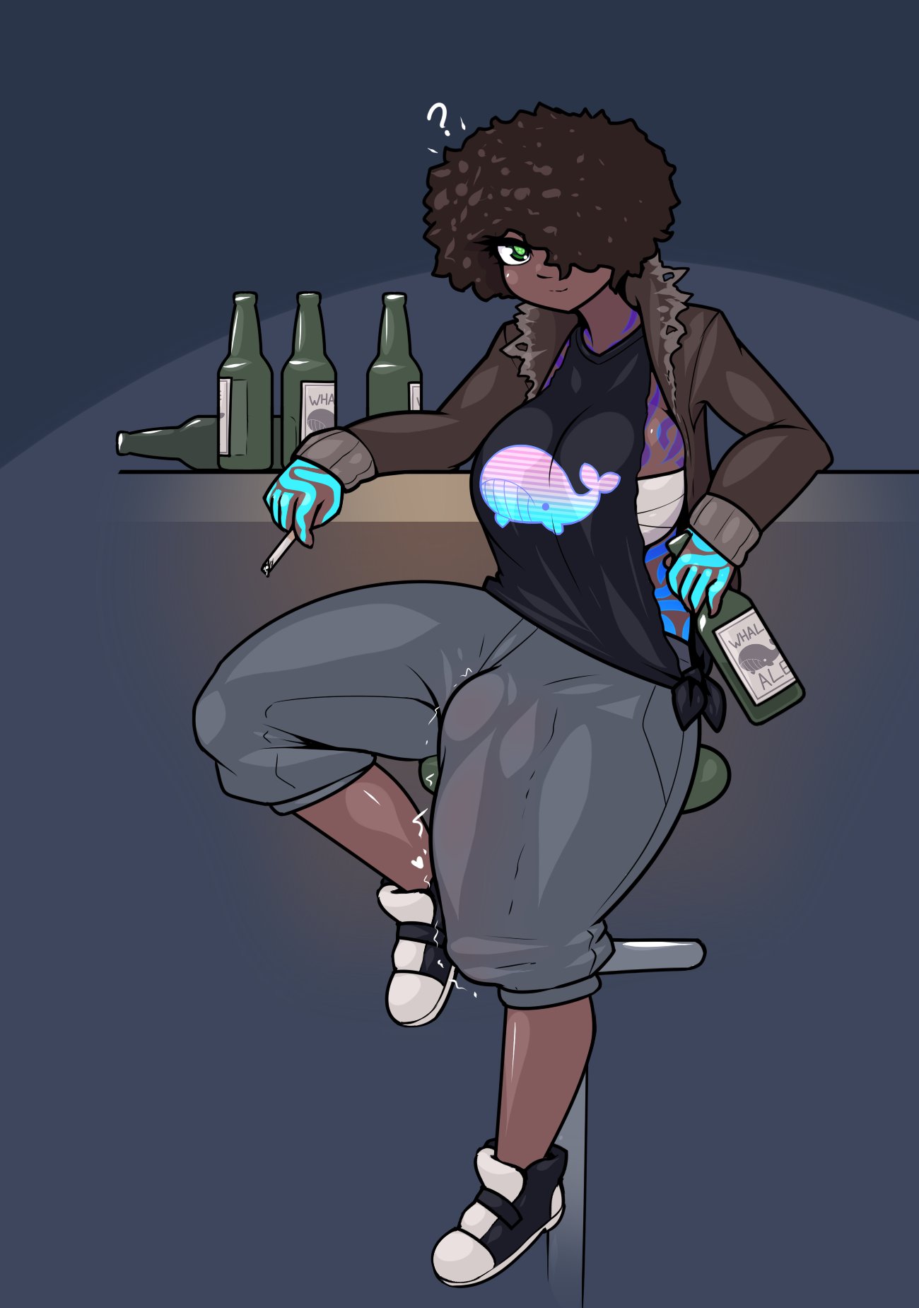 big penis, breasts, bulge, bulge down leg, cigarette, cleavage, dark skin, dark-skinned futa, dickgirl, futa only, futanari, intersex, limebreaker, original, penis, penis outline, penis to the knees, sammy (limebreaker), sweatpants, tattoos