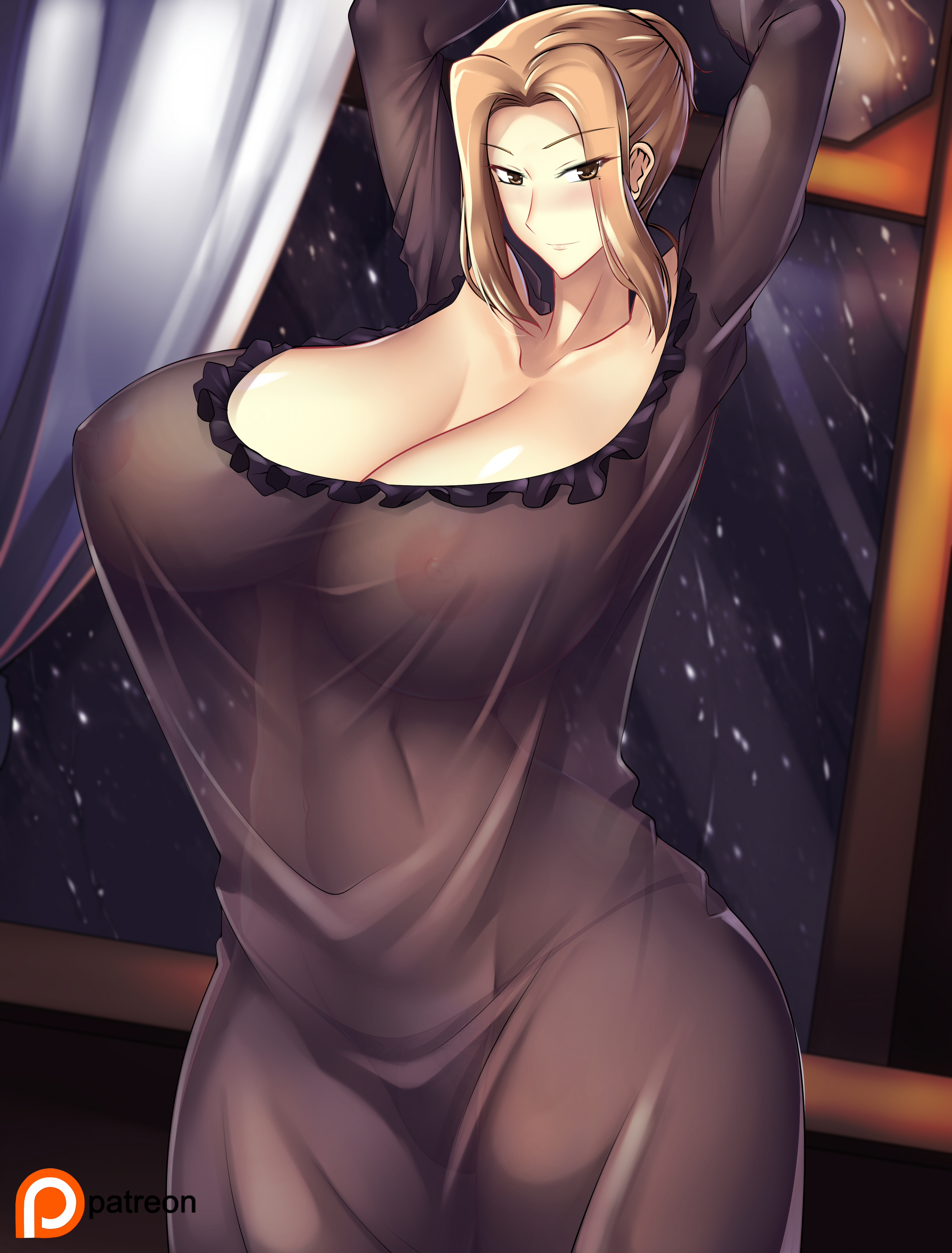 1girls, abs, absurd res, absurdres, areola, areolae, armpits, bangs, big breasts, blush, breasts, brown eyes, brown hair, clothed, clothing, curvaceous, curves, curvy, curvy figure, female, female only, fit, gown, haganef, hands up, hi res, high resolution, highres, huge breasts, large breasts, midriff, milf, mole, mole under eye, mother, night gown, nipples visible through clothing, patreon, patreon logo, shirt, smile, smirk, solo, solo female, solo focus, tachibana kyouka, tachibana-san-chi no dansei jijou, thick thighs, thighs, transparent clothing