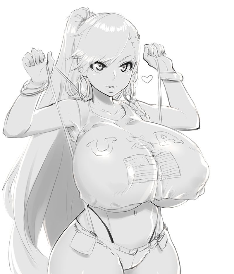 bracelet, braided hair, breasts, earrings, female, hoop earrings, huge breasts, jeans, long hair, magister (bigbakunyuu), monochrome, original, original character, pandora smith, ponytail, suspenders, tank top