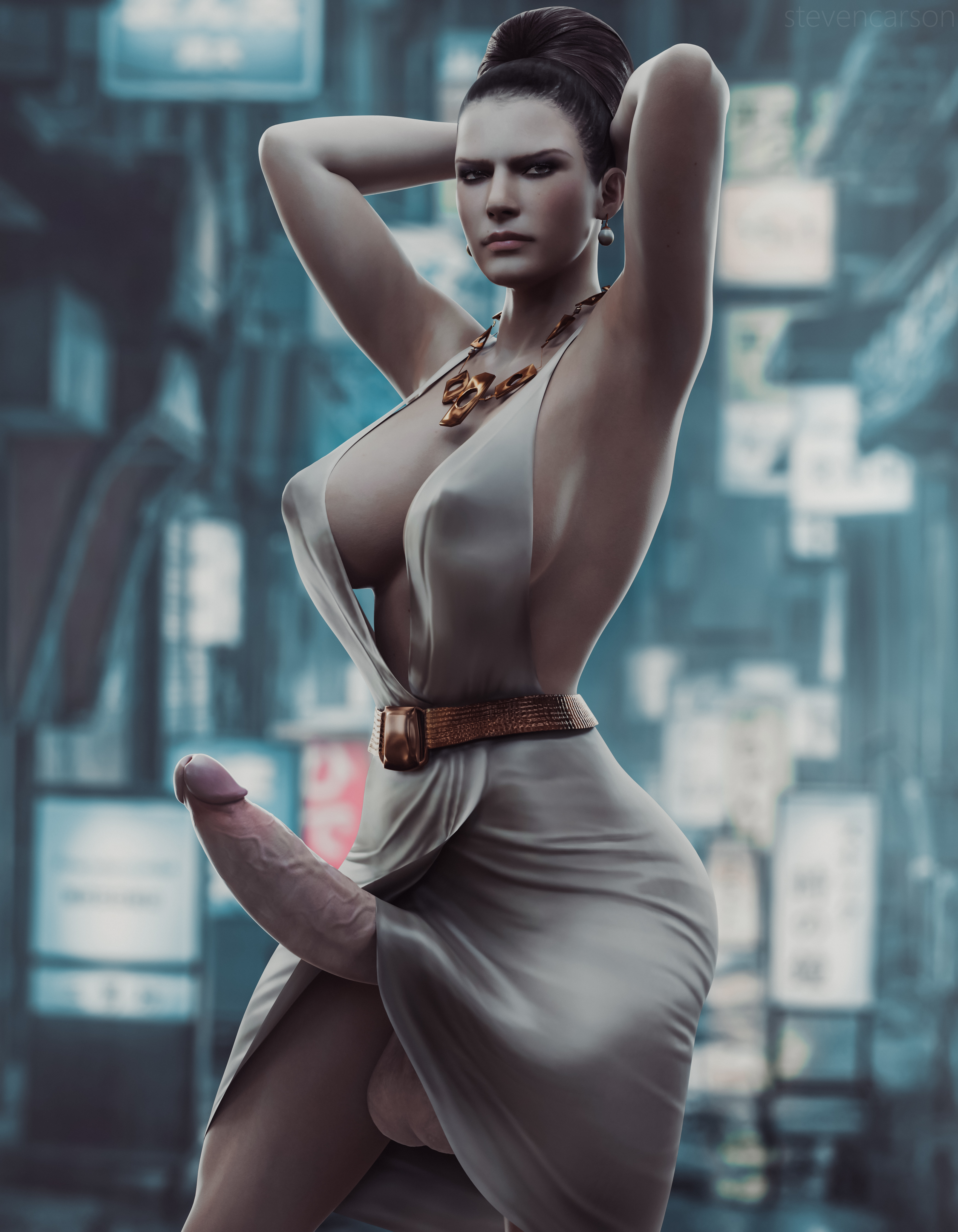 1futa, 3d, areolae, balls, balls under clothes, bottomless skirt, breasts, capcom, cleavage, curvy, dress, erect nipples, erection, erection under clothes, erection under skirt, excella gionne, futa, futa only, futanari, hand behind head, intersex, large balls, large breasts, large penis, nipple bulge, nipples, no panties, panty bulge, penis, penis out, penis under clothes, penis under skirt, realistic, resident evil, resident evil 5, sagging balls, skirt, skirt lift, solo, solo futa, standing, stevencarson, wide hips