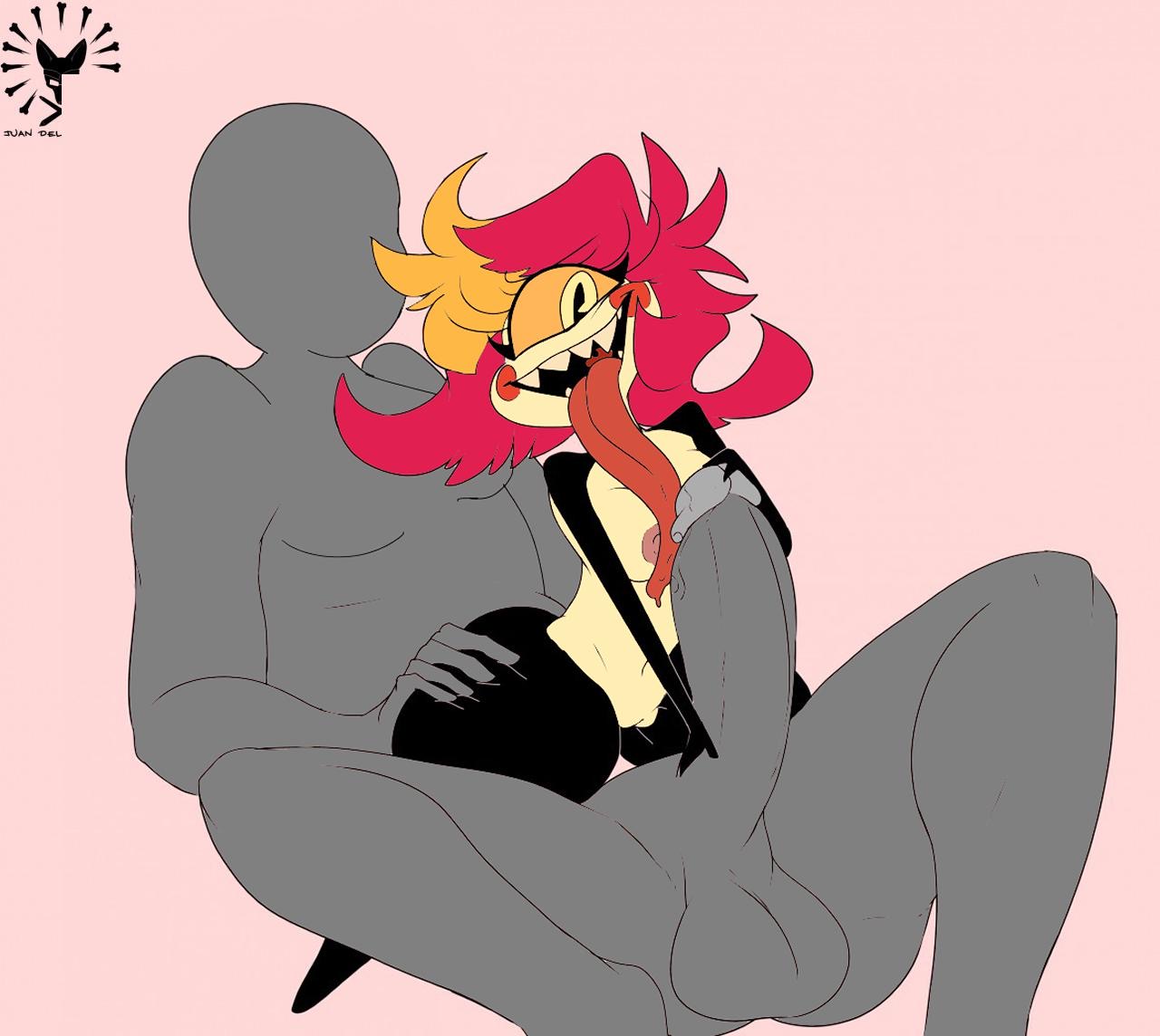 1boy, 1girls, anon, blowjob, cyclops, edit, faceless male, female, hazbin hotel, huge cock, johnnythehusky, licking penis, long tongue, male, multicolored hair, niffty, penis, pink nipples, pussy, red hair, sharp teeth, shaved crotch, shaved pussy, short hair, shortstack, size difference, spindlehorse toons, straight, thick thighs, vivienne medrano, vivziepop, yellow hair, yellow skin