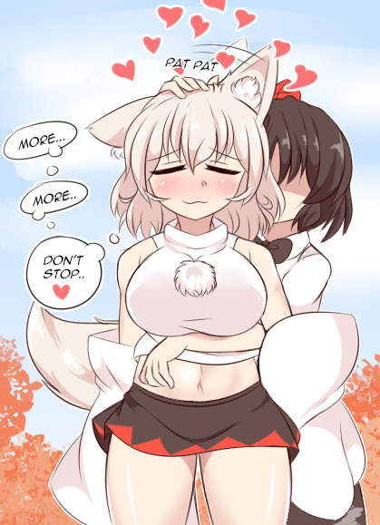 2girls begging_for_more big_breasts black_hair blush blushing blushing_female bowtie breast closed_eyes closed_smile detached_sleeves hands_around_waist happy happy_female headpat heart hearts_around_head jungleboyayaya kemonomimi miniskirt momiji_inubashiri navel pom_pom_(clothes) shameimaru_aya short_hair short_skirt skirt stomach tengu thighs thought_bubble thought_bubbles touhou white_hair wholesome wolf_ears wolf_girl wolf_tail yuri