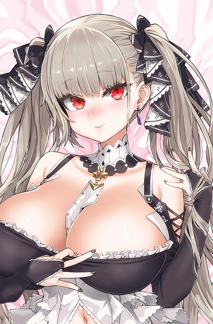 1girls, asanagi, azur lane, bed, big breasts, blush, breasts, choker, dress, earrings, female, female only, formidable (azur lane), grey hair, hair ribbon, huge breasts, light skin, light-skinned female, looking at viewer, nails, navel, paizuri invitation, pale skin, pale-skinned female, red eyes, solo, twintails