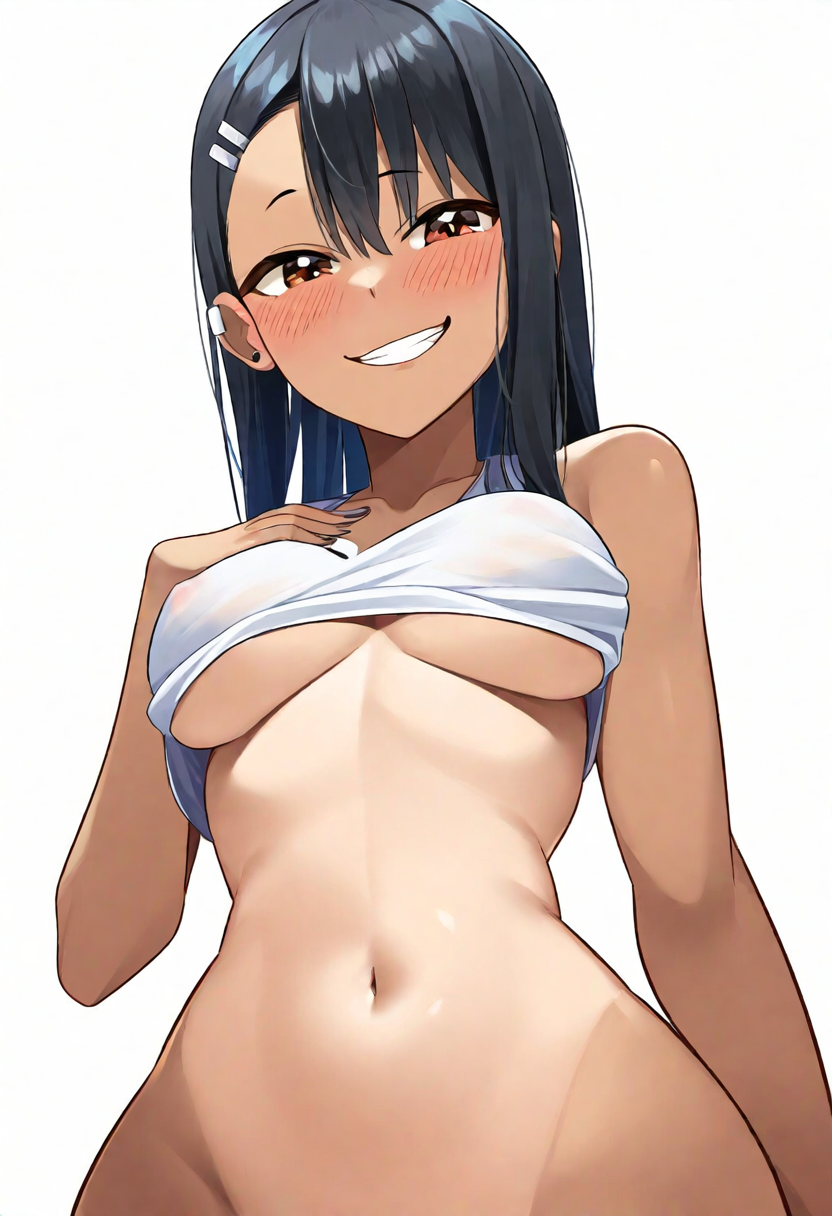 1girls 2024 ai_generated alternate_hairstyle bangs black_hair breasts covered_nipples covering_nipples cowboy_shot earrings female female fuealahomg grin hair_ornament hairclip hayase_nagatoro heart looking_at_viewer low-angle_view medium_breasts navel nipples_visible_through_clothing novelai orange_eyes petite please_don't_bully_me,_nagatoro pov shiny_hair shirt short_hair smile smiling smiling_at_viewer stable_diffusion standing tanline underboob white_background