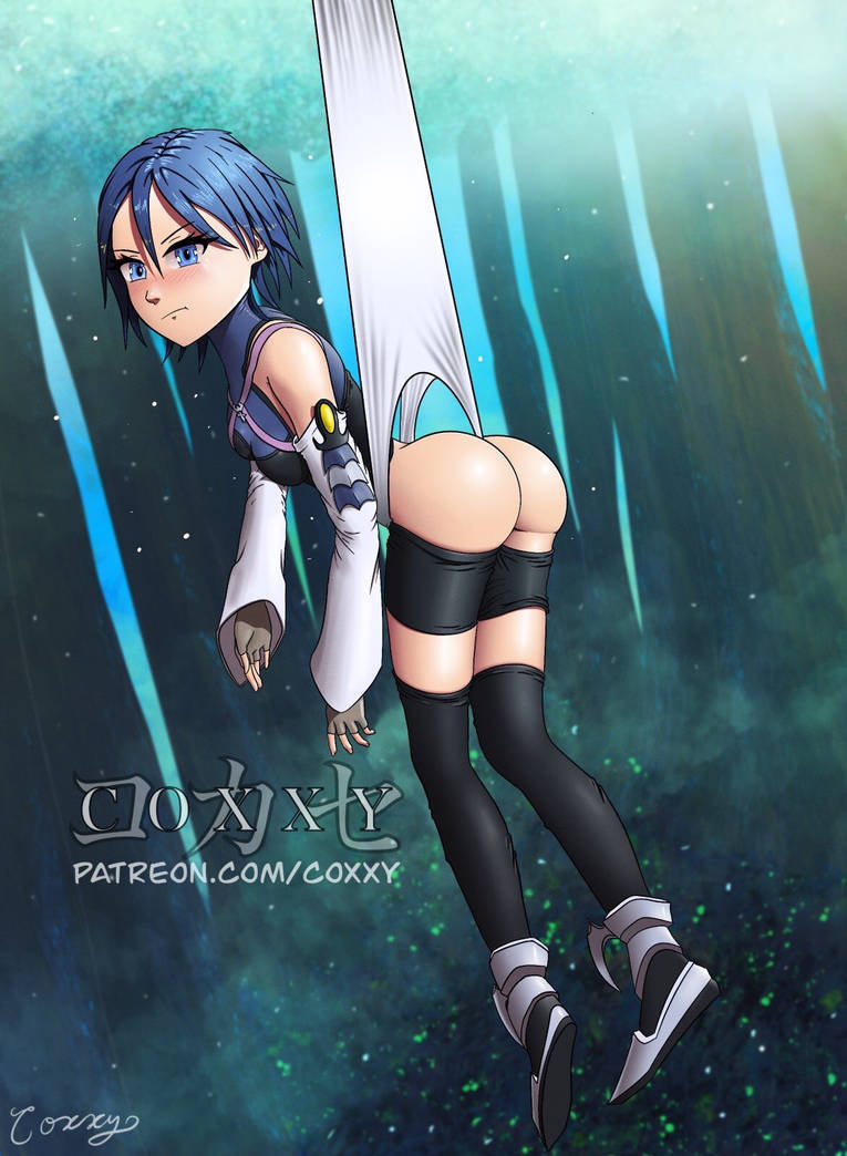 aqua_(kingdom_hearts) artist_signature black_socks blue_eyes blue_hair coxxybabee hanging_wedgie kingdom_hearts looking_at_viewer pout socks thigh_socks thighhighs wedgie