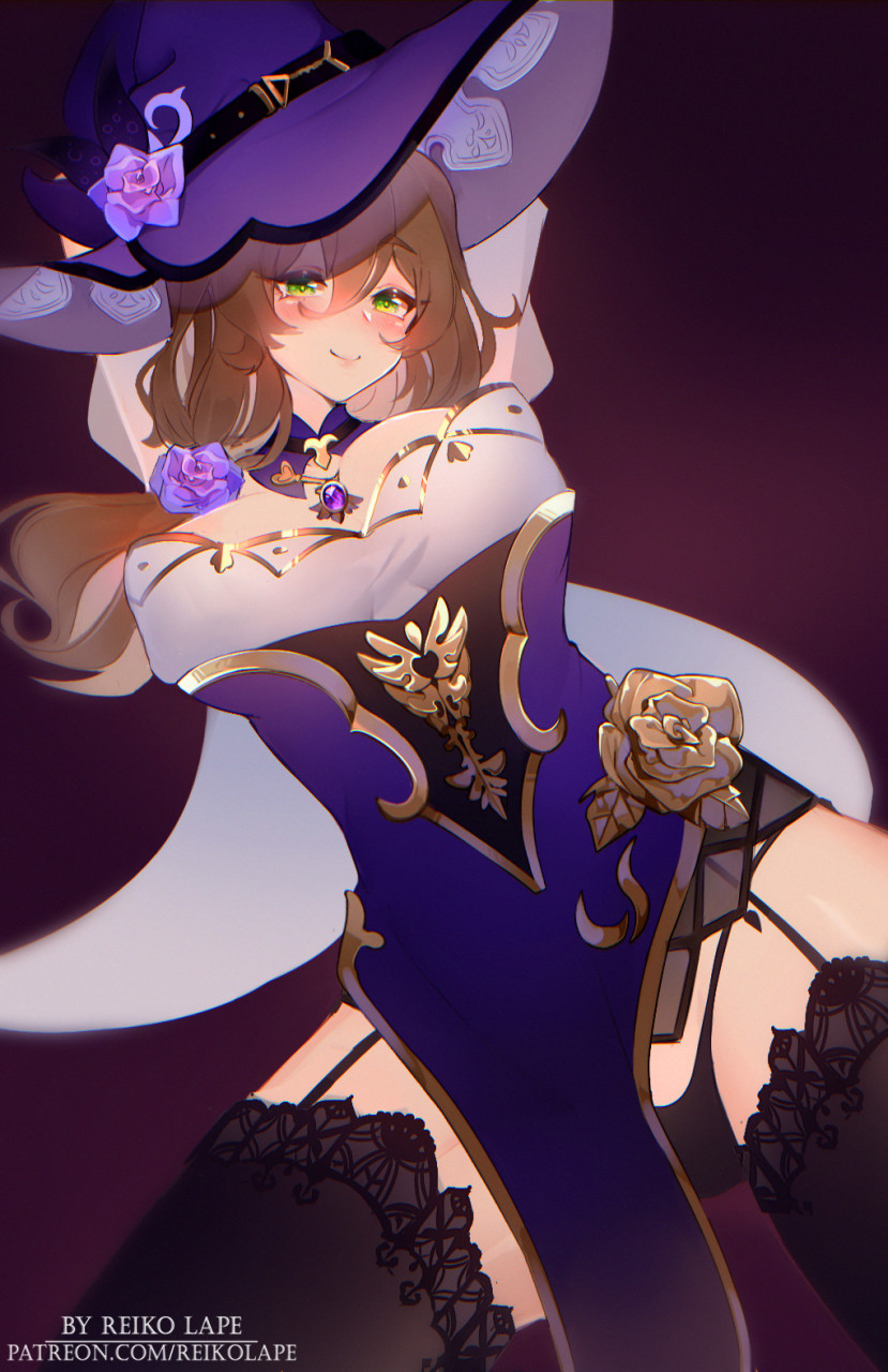 1girls, big breasts, black panties, blush, breasts, brown hair, dress, female, genshin impact, green eyes, hair between eyes, hat, human, lace trim, light skin, light-skinned female, lisa (genshin impact), long hair, looking at viewer, panties, pelvic curtain, reikolape, smile, solo, solo female, thighhighs, witch hat