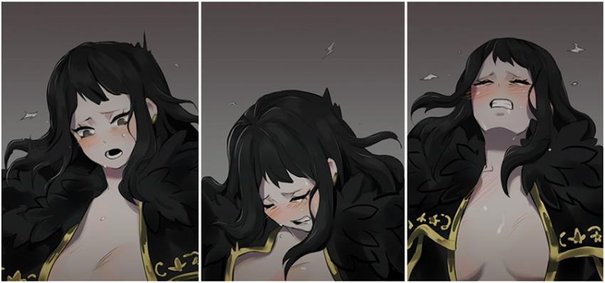 arbiter (project moon), blush, female, grey background, implied sex, library of ruina, orgasm, project moon, source request, zena (library of ruina)