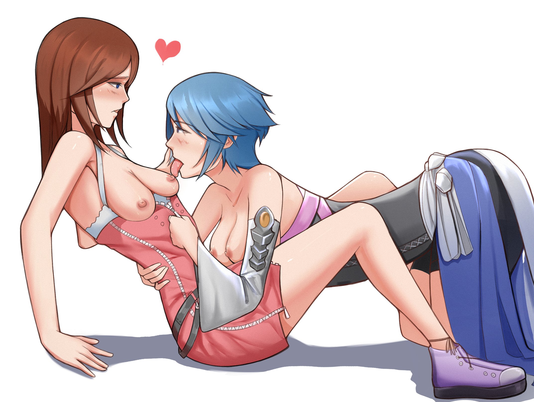 2024, 2girls, aqua (kingdom hearts), blue eyes, blue hair, blue-haired female, blush, breast lick, breasts, disney, female, heart symbol, imminent sex, kairi, kingdom hearts, medium breasts, medium hair, multiple females, multiple girls, realistic breast size, red hair, red-haired female, redfoxxx0, short hair, simple background, small breasts, teenage couple, teenager, topless, undressing, undressing another, white background, yuri