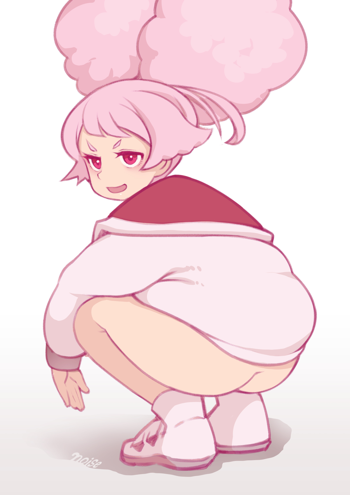 1girls, afro puffs, artist name, ass, bottomless, chuatury panlunch, female, female only, gundam, gundam suisei no majo, jacket, no panties, noise (artist), pink hair, solo, squatting, white background