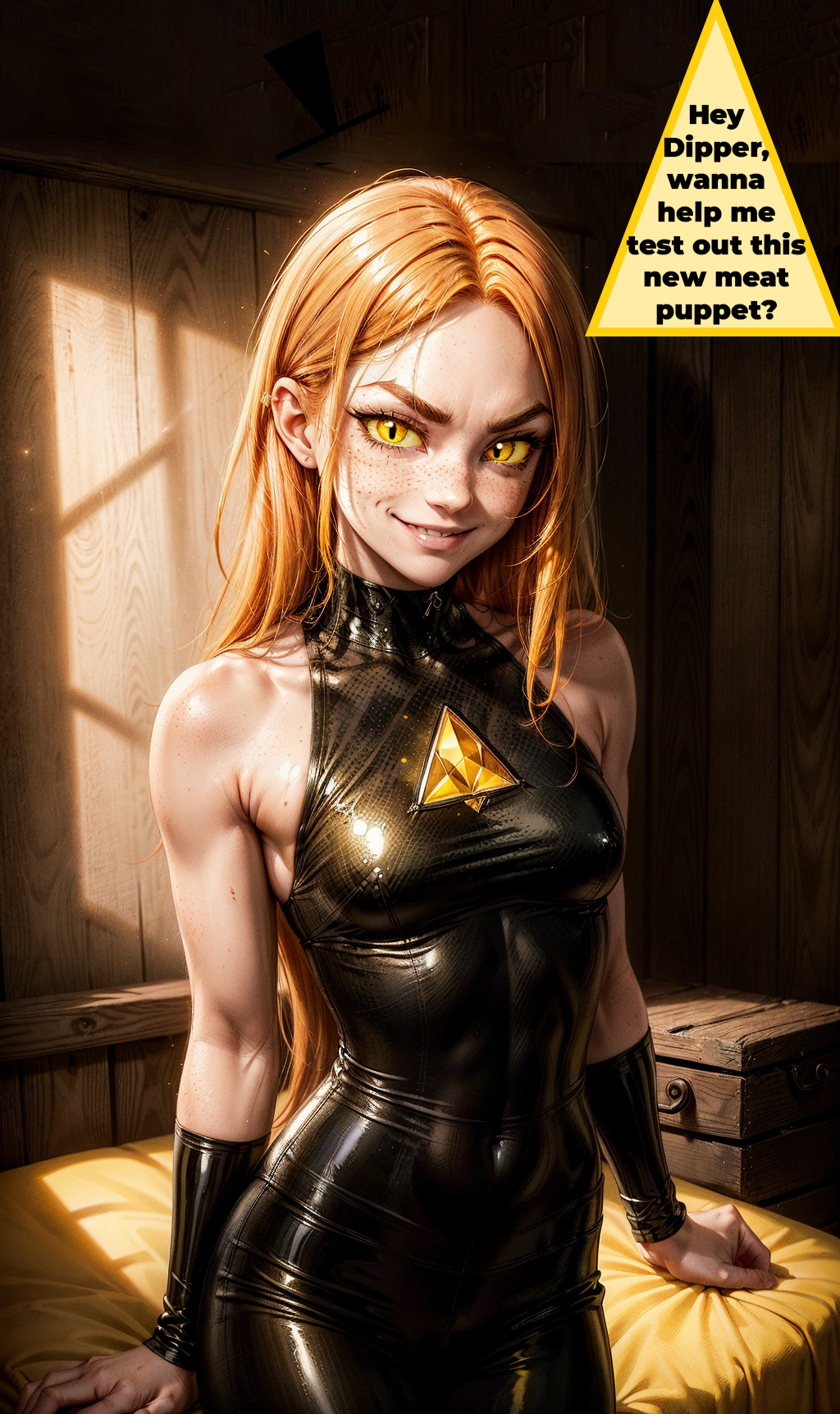 1girls ai_generated bill_cipher black_latex_catsuit bookoflustfan colored_sclera erect_nipples erect_nipples_under_clothes ginger gravity_falls latex latex_catsuit latex_suit nipples_visible_through_clothing pendant perky_nipples petite petite_body petite_breasts petite_female possessed possession slit_pupils smiling solo text text_bubble wendy_corduroy yellow_eyes young young_female young_woman