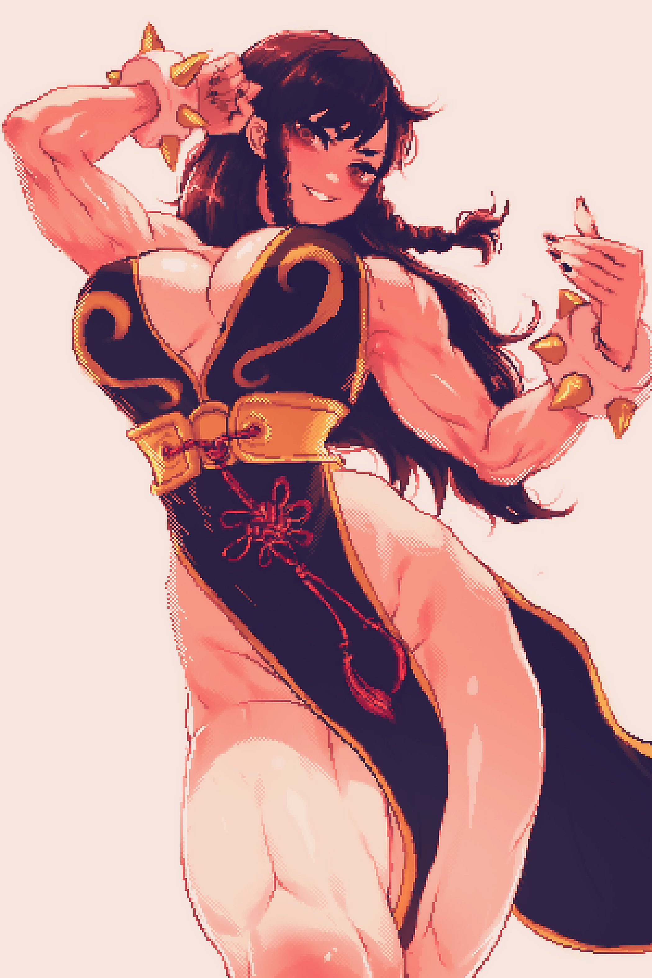1girls, absurdres, alternate costume, alternate hairstyle, arm up, black dress, black nails, blush, bracelet, braid, breasts, brown hair, china dress, chinese clothes, chun-li, cleavage, contrapposto, cowboy shot, dress, female, fingernails, groin, hand up, head tilt, highres, jewelry, large breasts, long hair, looking at viewer, muscular, muscular female, no panties, pelvic curtain, pixel art, red eyes, sash, sharp fingernails, simple background, smile, solo, spiked bracelet, spikes, spoiledmuffin, street fighter, street fighter v, thick thighs, thighs, twin braids, very long hair, white background, wind