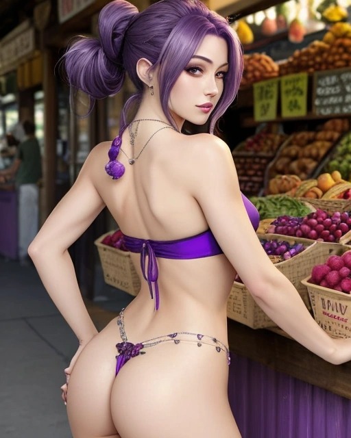 ai_generated bikini female female_focus female_only fruit fruit_stand fruits hand_on_hip market market_stall original_character purple_hair summer