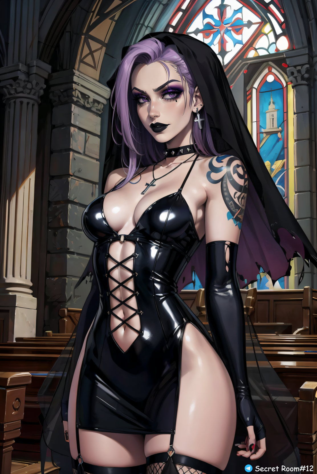 ai generated, black lipstick, breasts, choker, cross earrings, crucifix, female, female only, front view, gloves, goth, goth girl, goth makeup, goth nun, gothic, long hair, mascara, medium breasts, nun, original character, purple eyes, purple hair, secret room12, shiny skin, spiked collar, stable diffusion, torn gloves