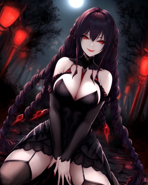 ai_generated black_hair demon demon_girl evil_smile female forest forest_background grin grinning_at_viewer kneeling original_character red_eyes street_lights wicked_smile